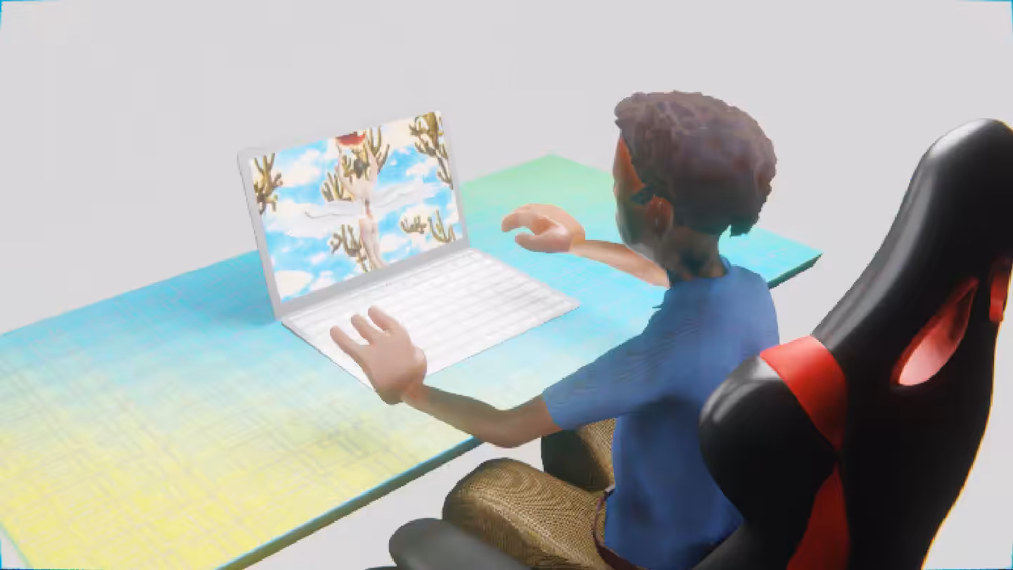 Desktop #19: The Developer in the Gaming Chair With a Hanging Light and a Gardens Monitor on a Green FELT Zine Table in The Void