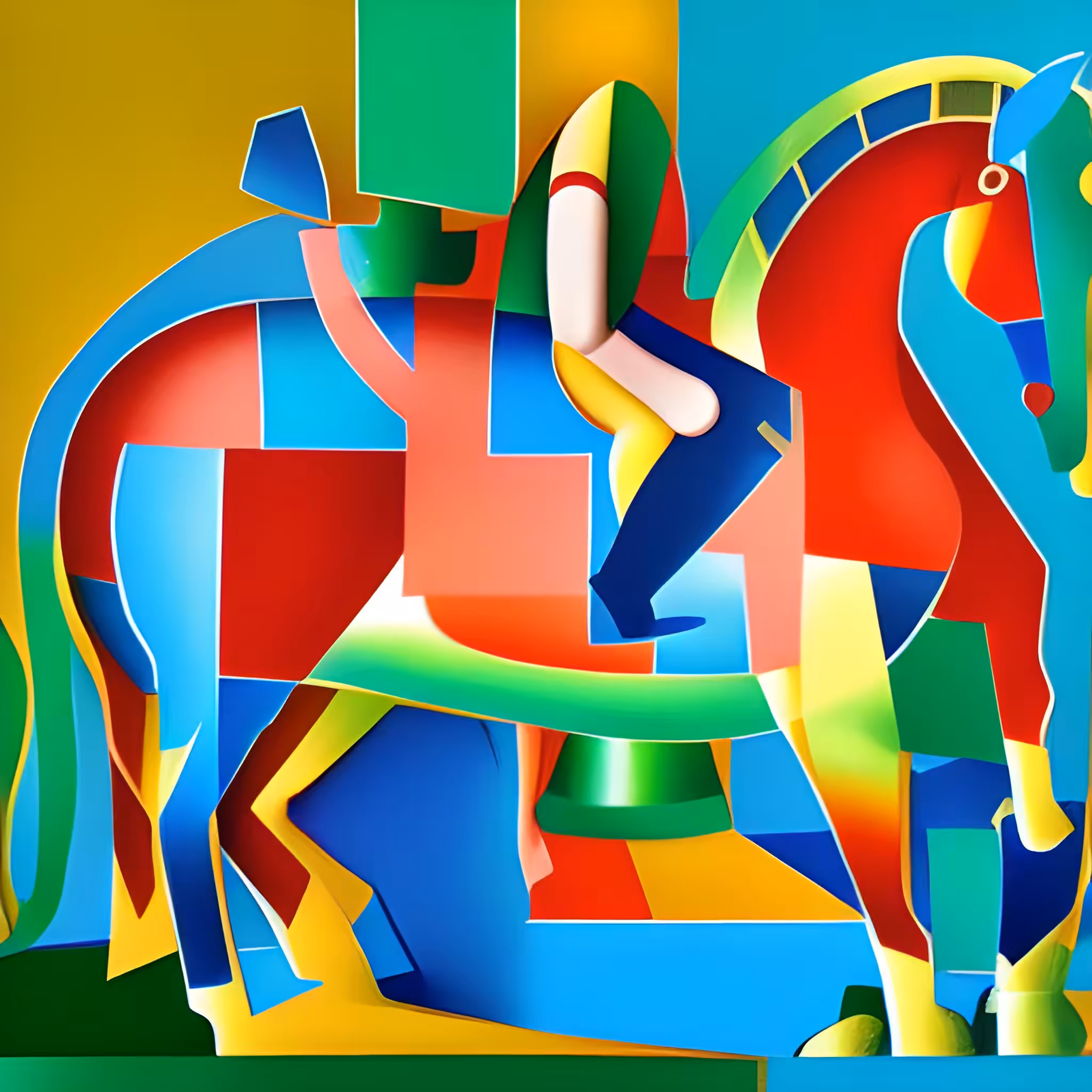 A horse with a rider, inspired by cubism.