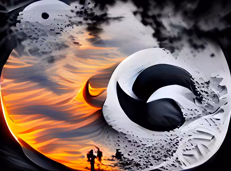 yin yang over the moon at sunset in black and white