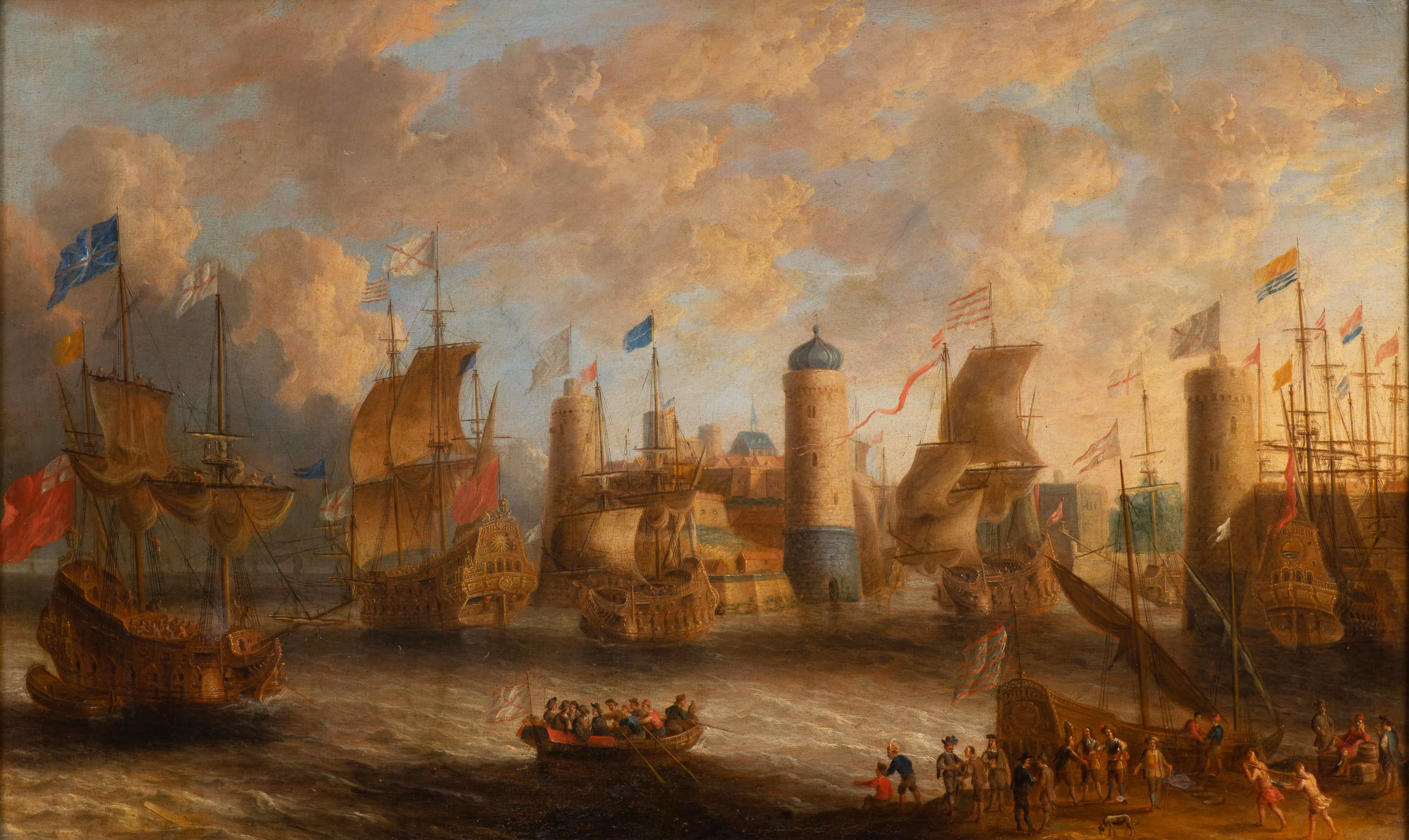 Proof of Patronage: A Harbour Scene with a Fleet Departing and Figures in the Foreground