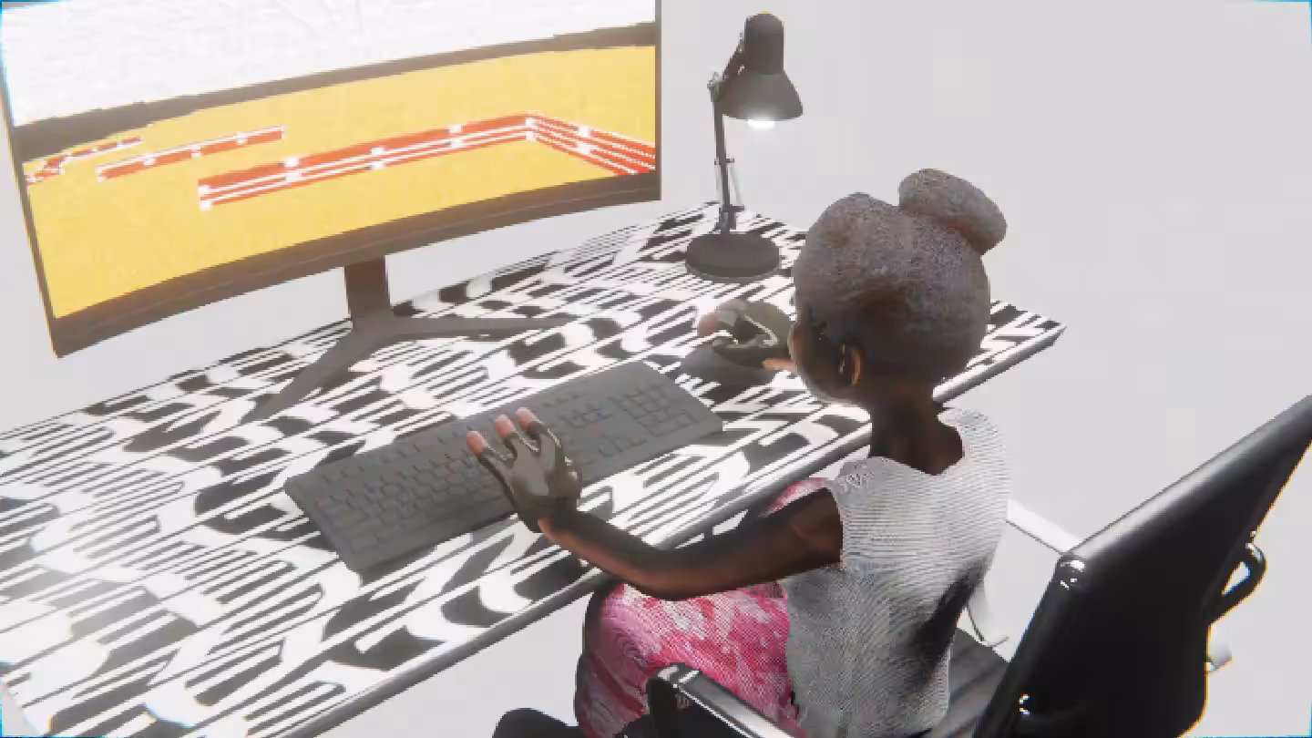 Desktop #209: The Military Brat in the Black Slim Chair With a Desk Lamp and a Maze Monitor on a Pattern Table in The Void