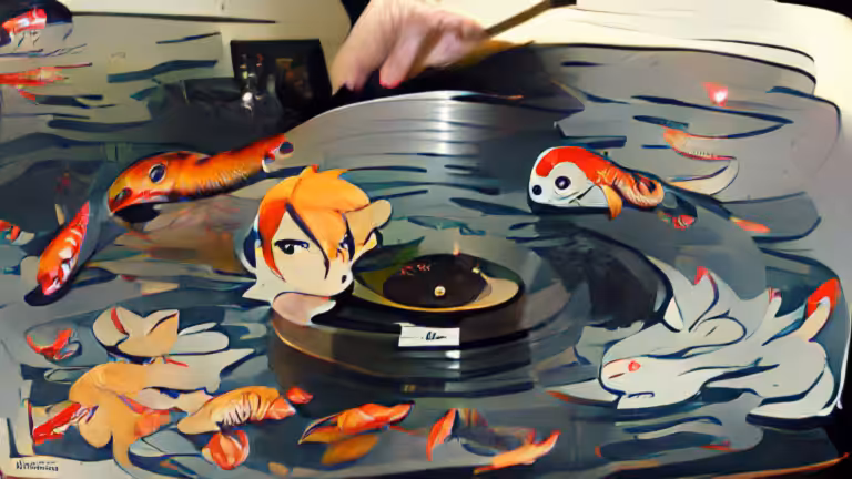 ash on vinyl records plays to koi (pixray_genesis)