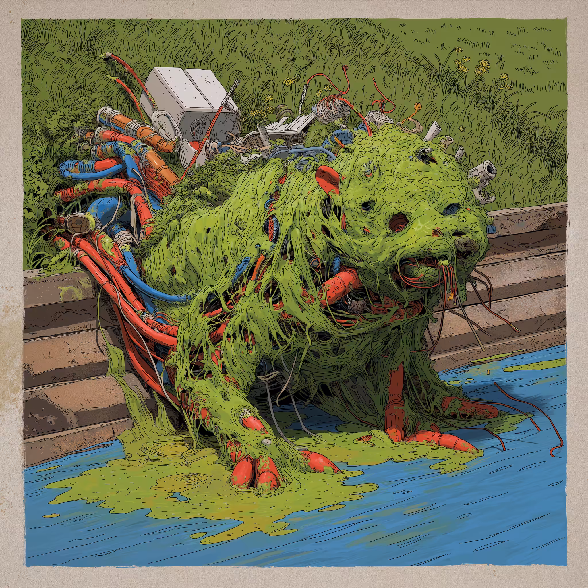 Thirsty Artificial Beast Sucking Water Out of a River