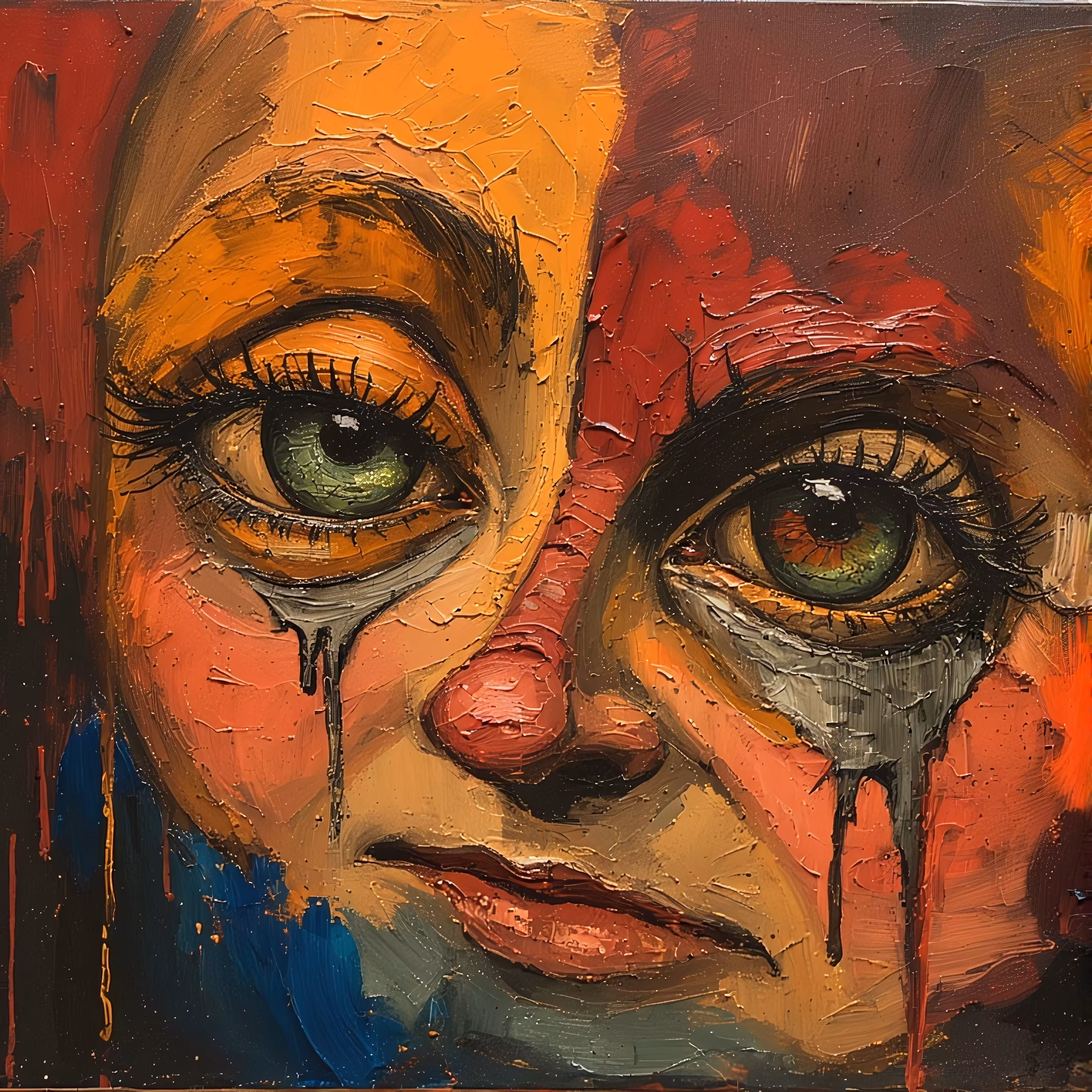 Tearful Duality: The Face Divided Between Light and Blood