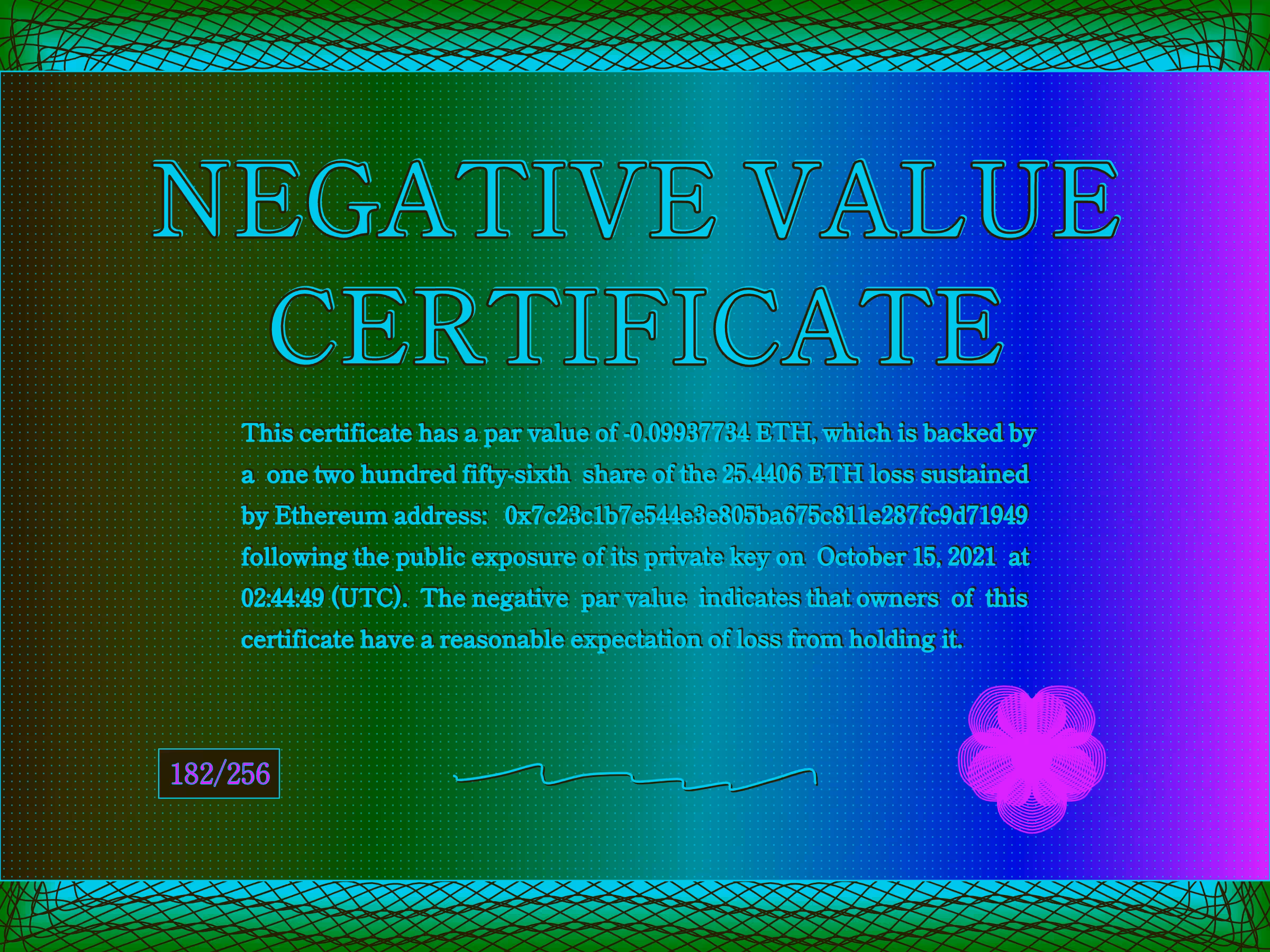 Negative Value Certificate #182 of 256