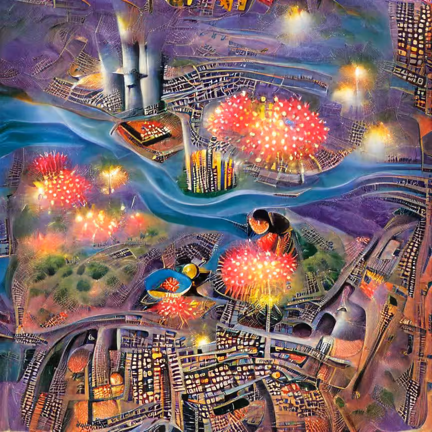 Birds-eye View of Riverside Fireworks over City 01
