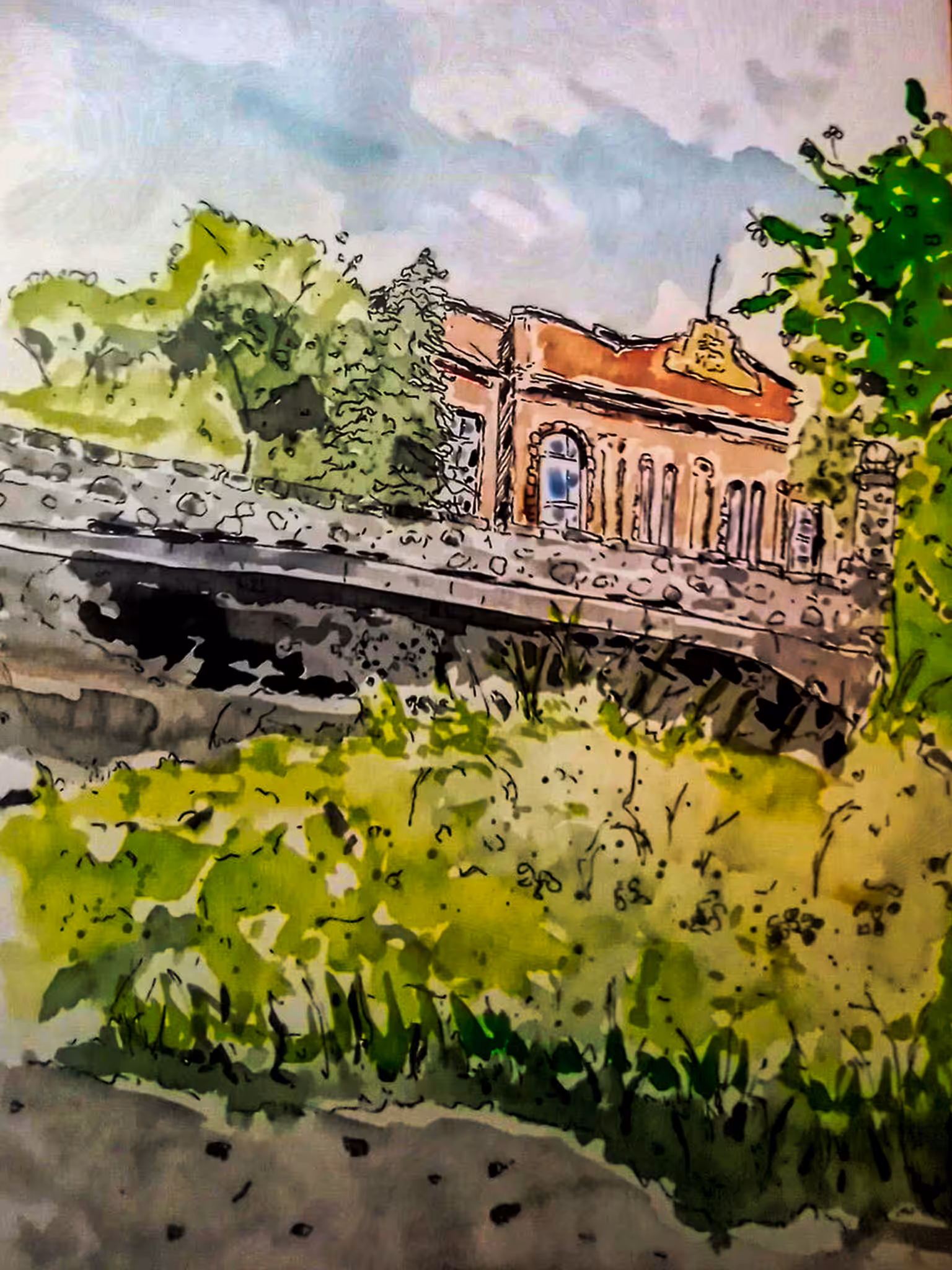 Castle Bridge Ink and Wash