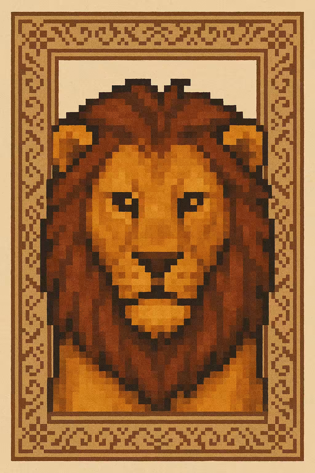 A pixelated Persian lion with a regal stare, framed in carpet-inspired motifs. A digital tribute to strength, glory, and Iran’s imperial heritage.
