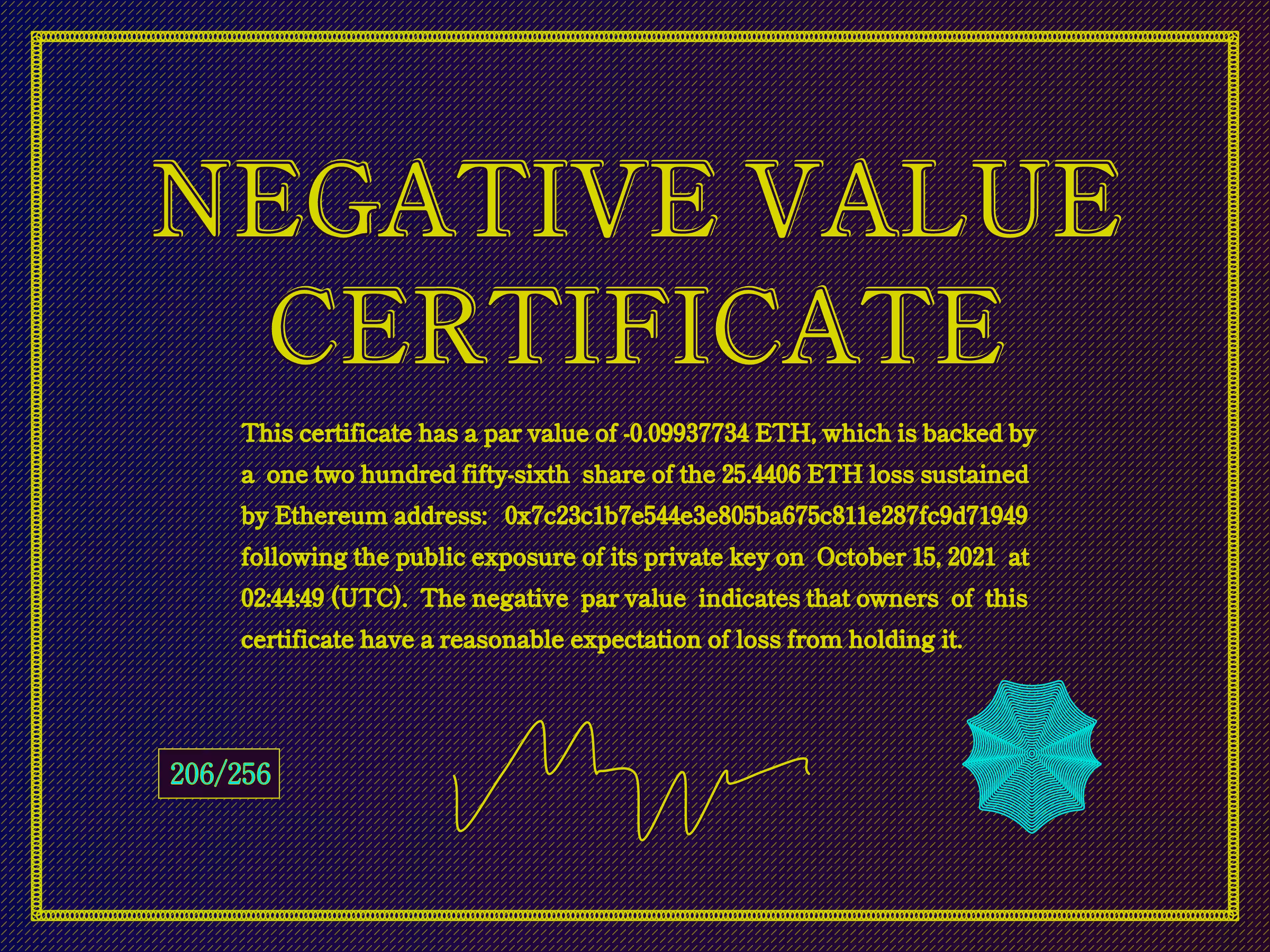 Negative Value Certificate #206 of 256