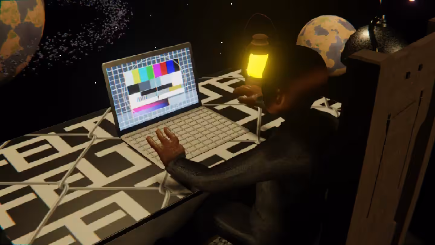 Desktop #275: The Business in the Electric Chair With a Gas Lamp and a Please Stand By Monitor on a Barbed Wire Table in Space