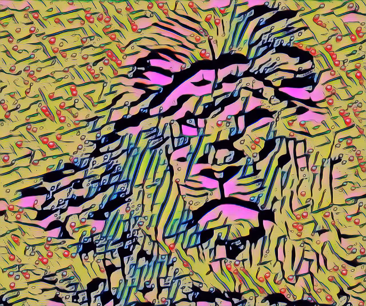 Bright lion hidden in the bright grass.