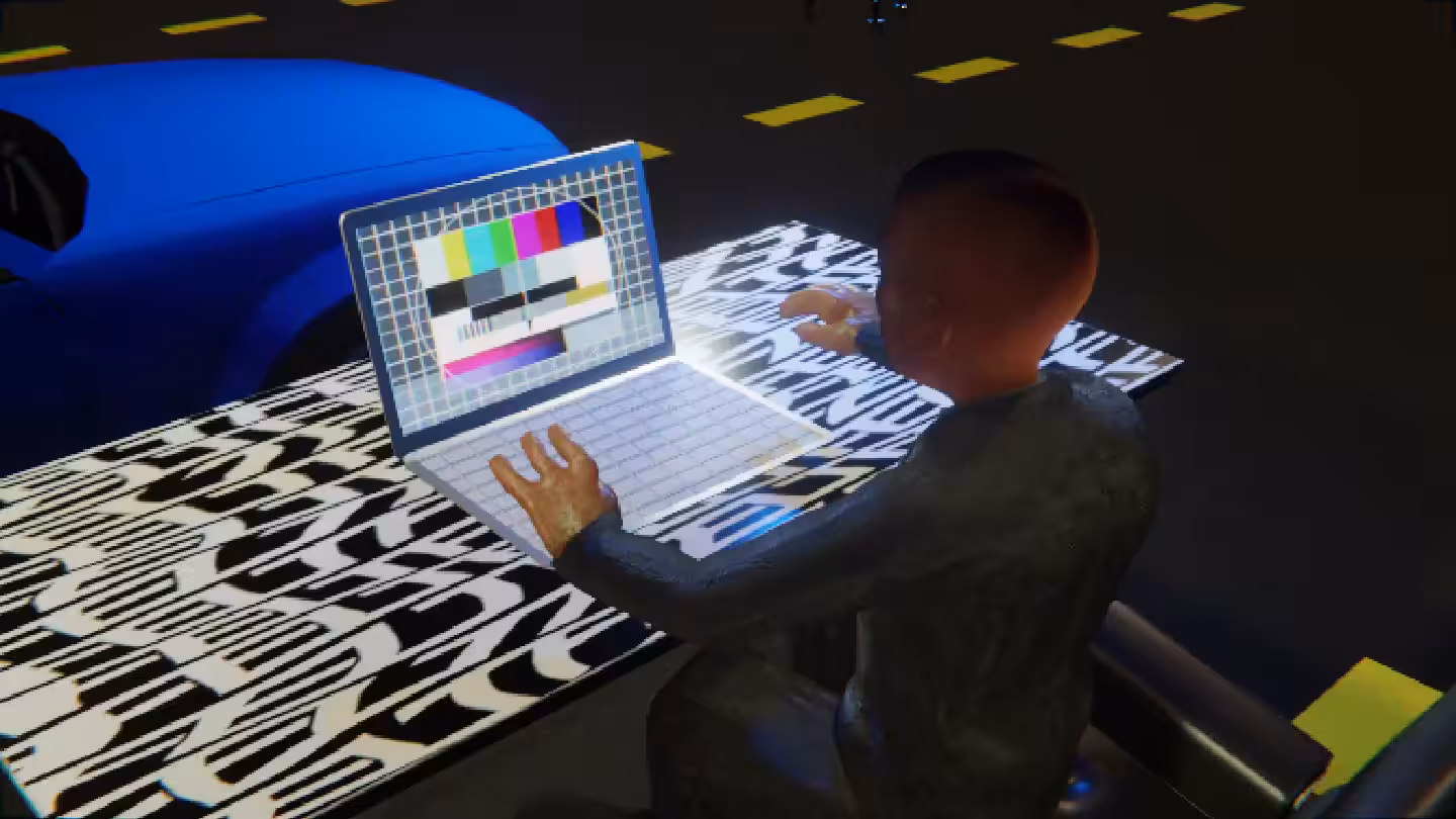 Desktop #210: The Business in the Eames Chair With a Drone and a Please Stand By Monitor on a Pattern Table in The Streets