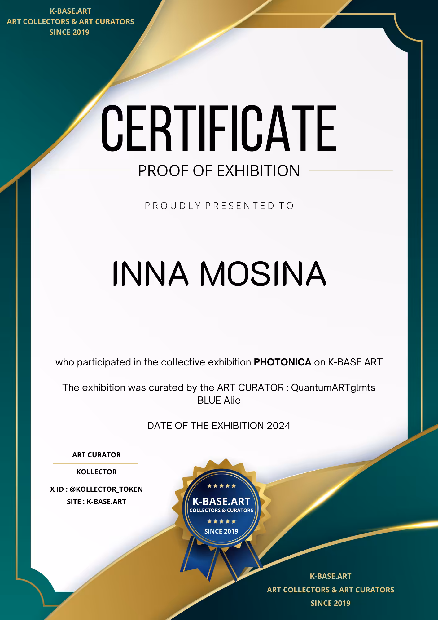 INNA MOSINA EXHIBITION CERTIFICATE