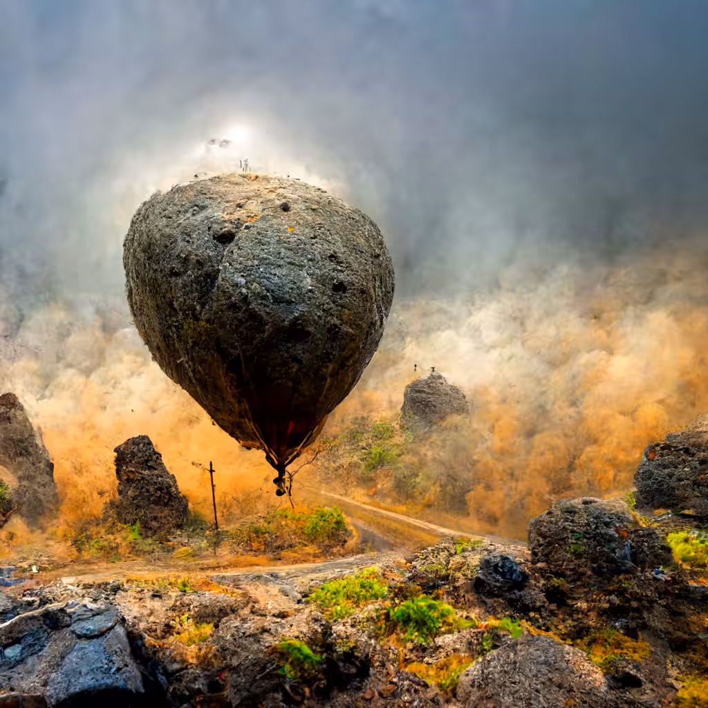 Flying stone over a misty valley