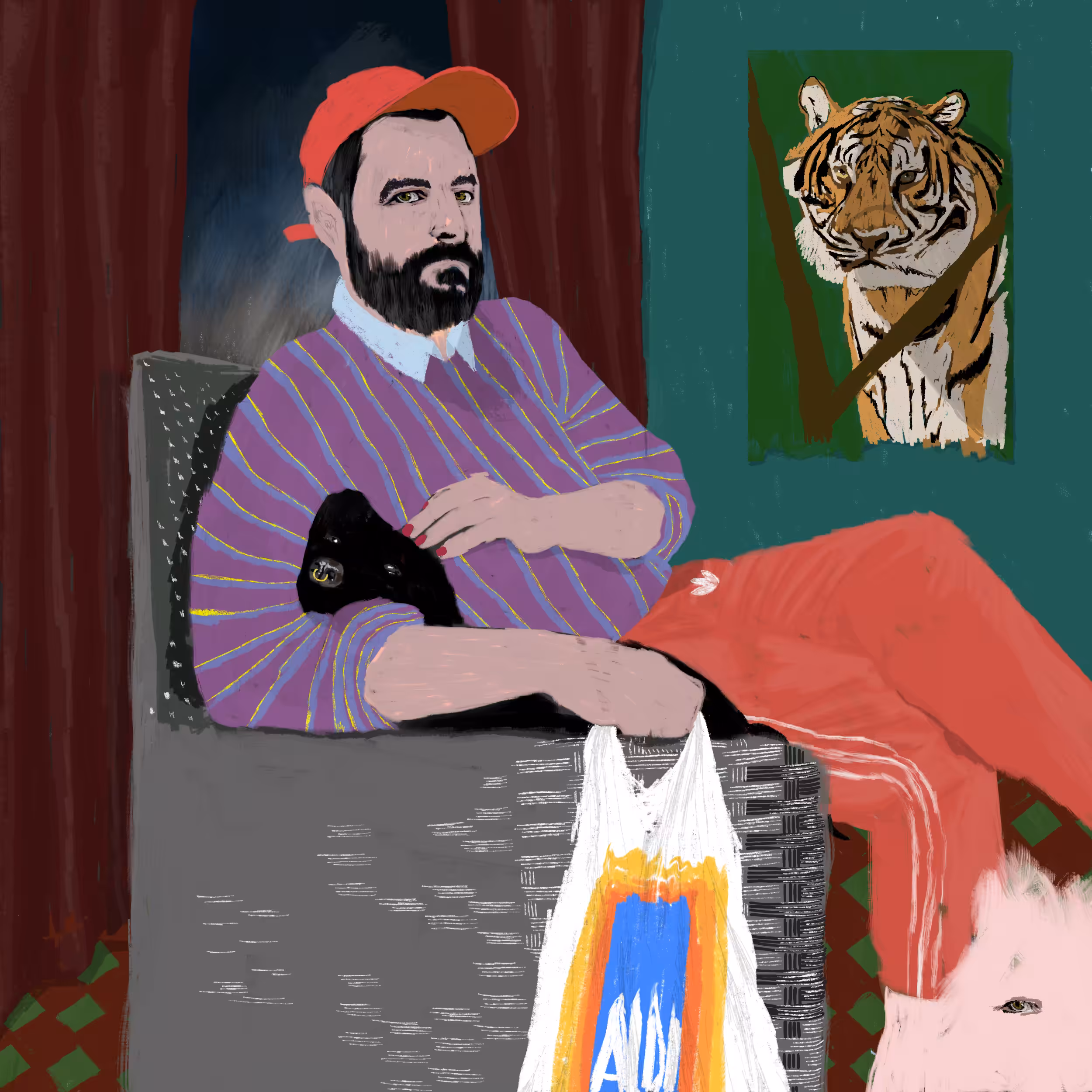 A self portrait with an unspecified pet, a plastic grocery bag and a drawing of a tiger