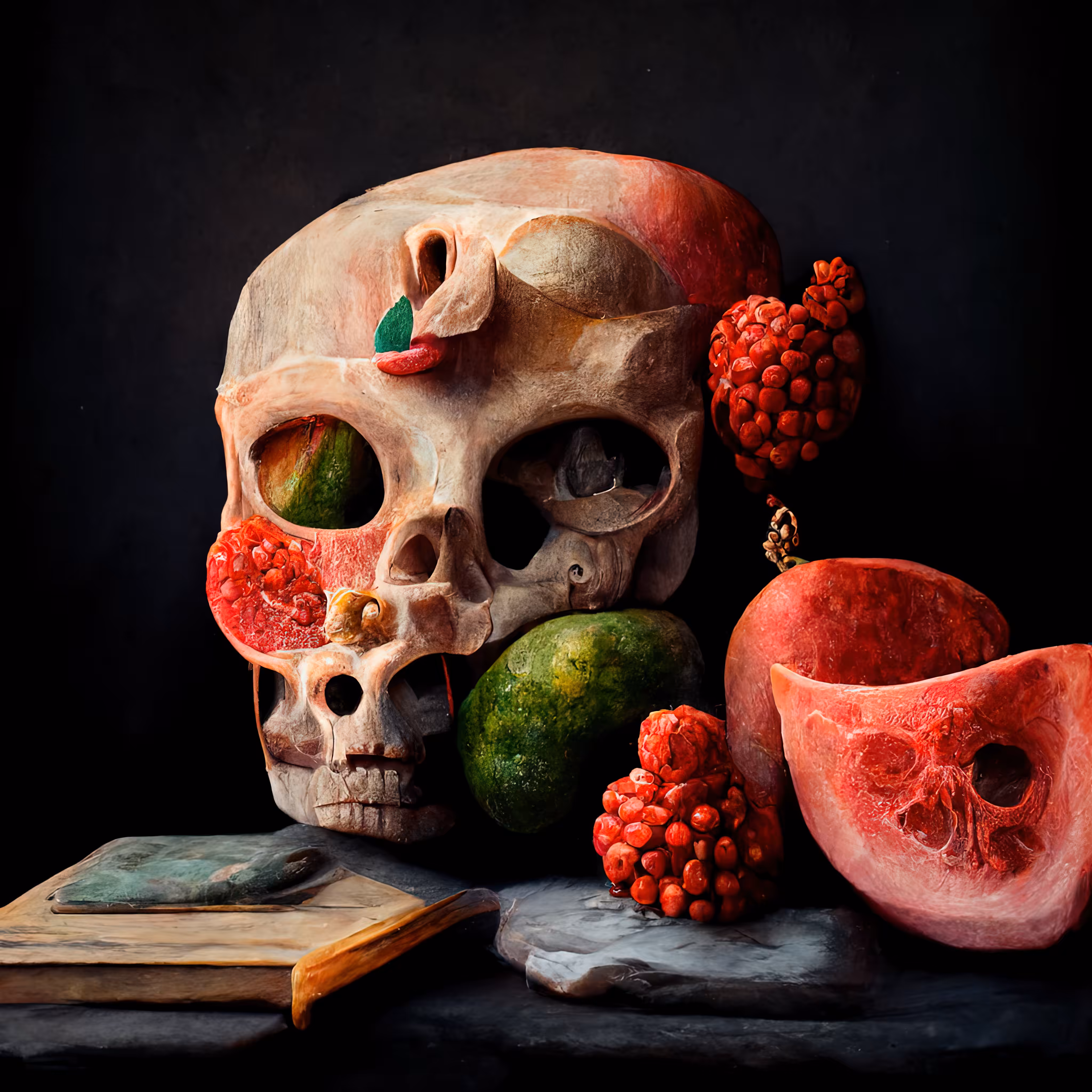Still life with watermelons and skull. 003