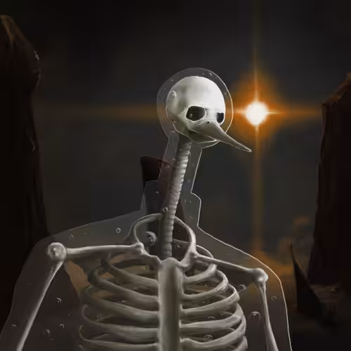 A duck dressed up in a bone costume for Halloween.