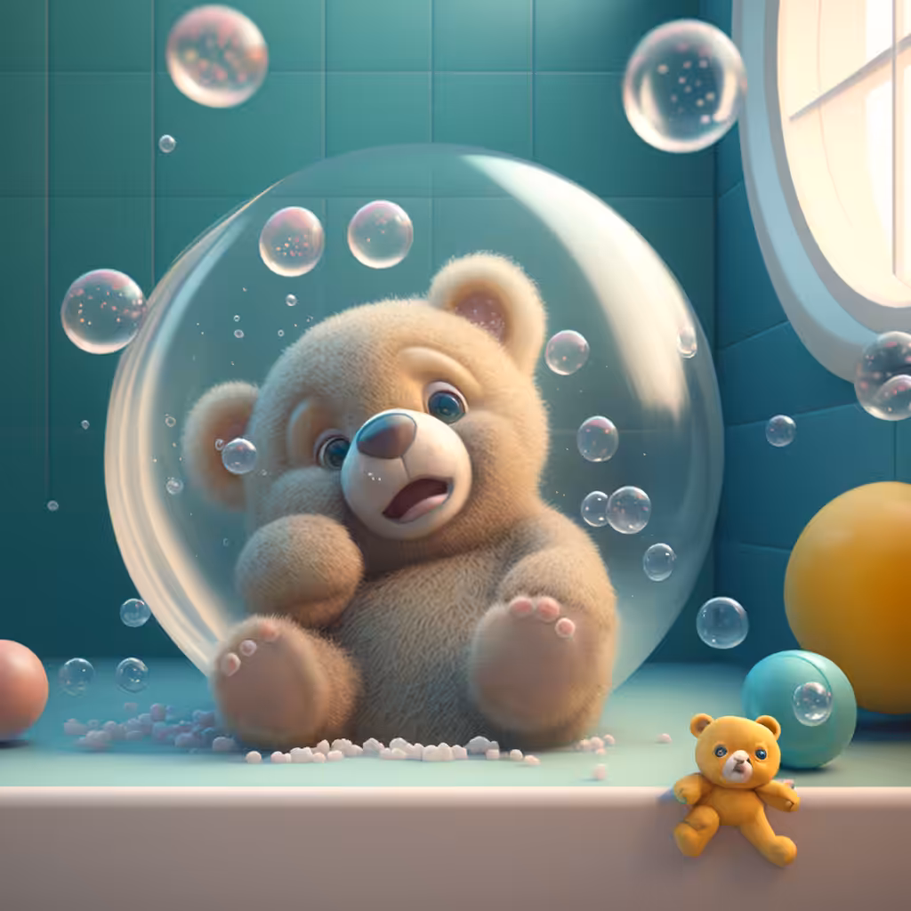 A toy bear takes a shower