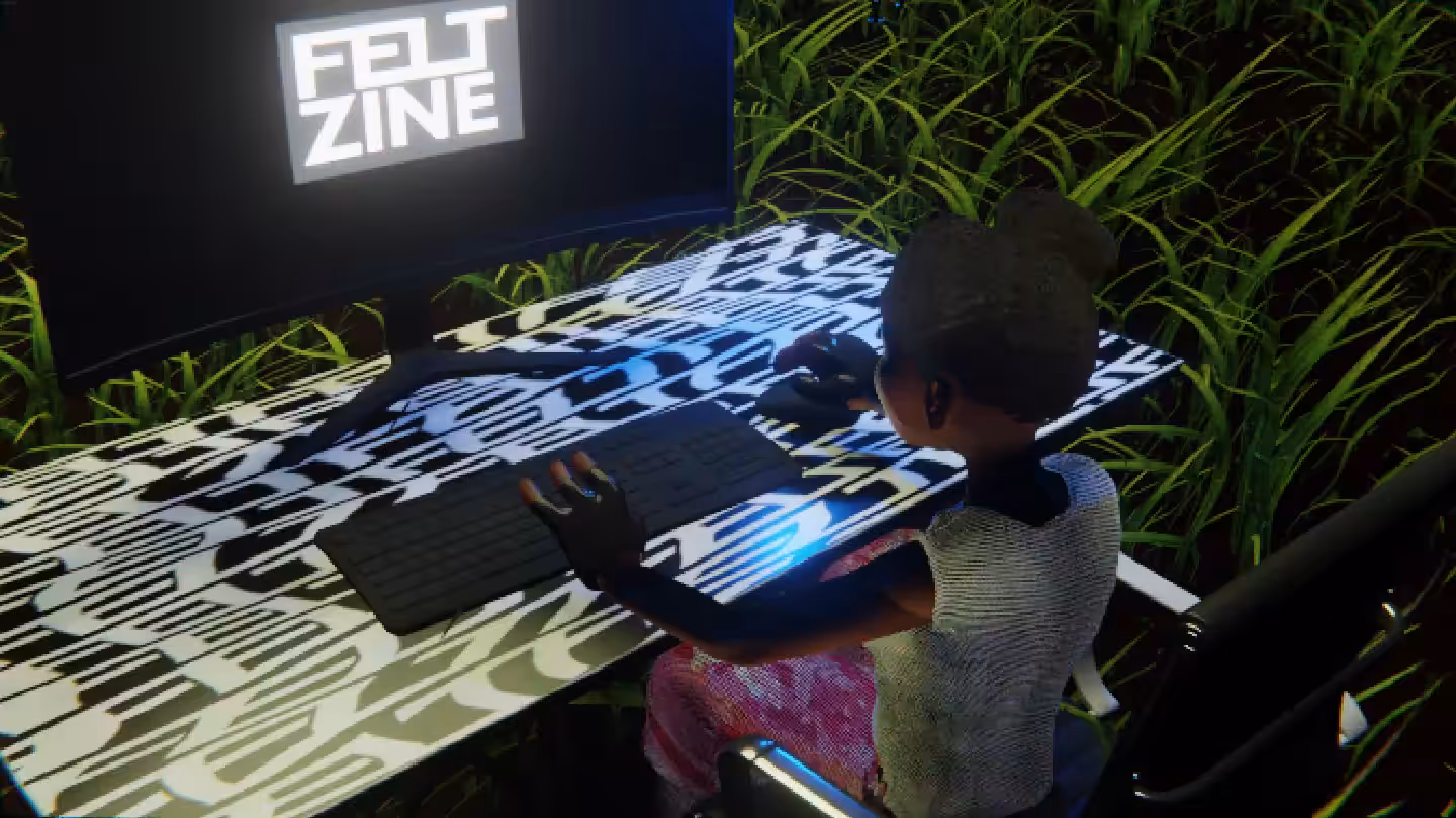 Desktop #301: The Military Brat in the Black Slim Chair With a Drone and a Old School Monitor on a Pattern Table in The Forest