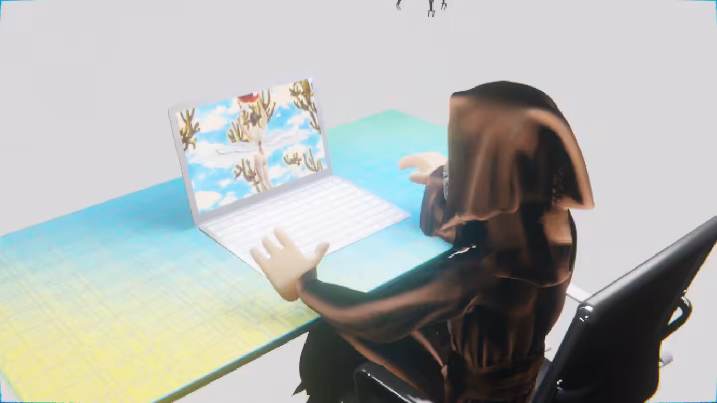 Desktop #323: The Guru in the Black Slim Chair With a Drone and a Gardens Monitor on a Green FELT Zine Table in The Void