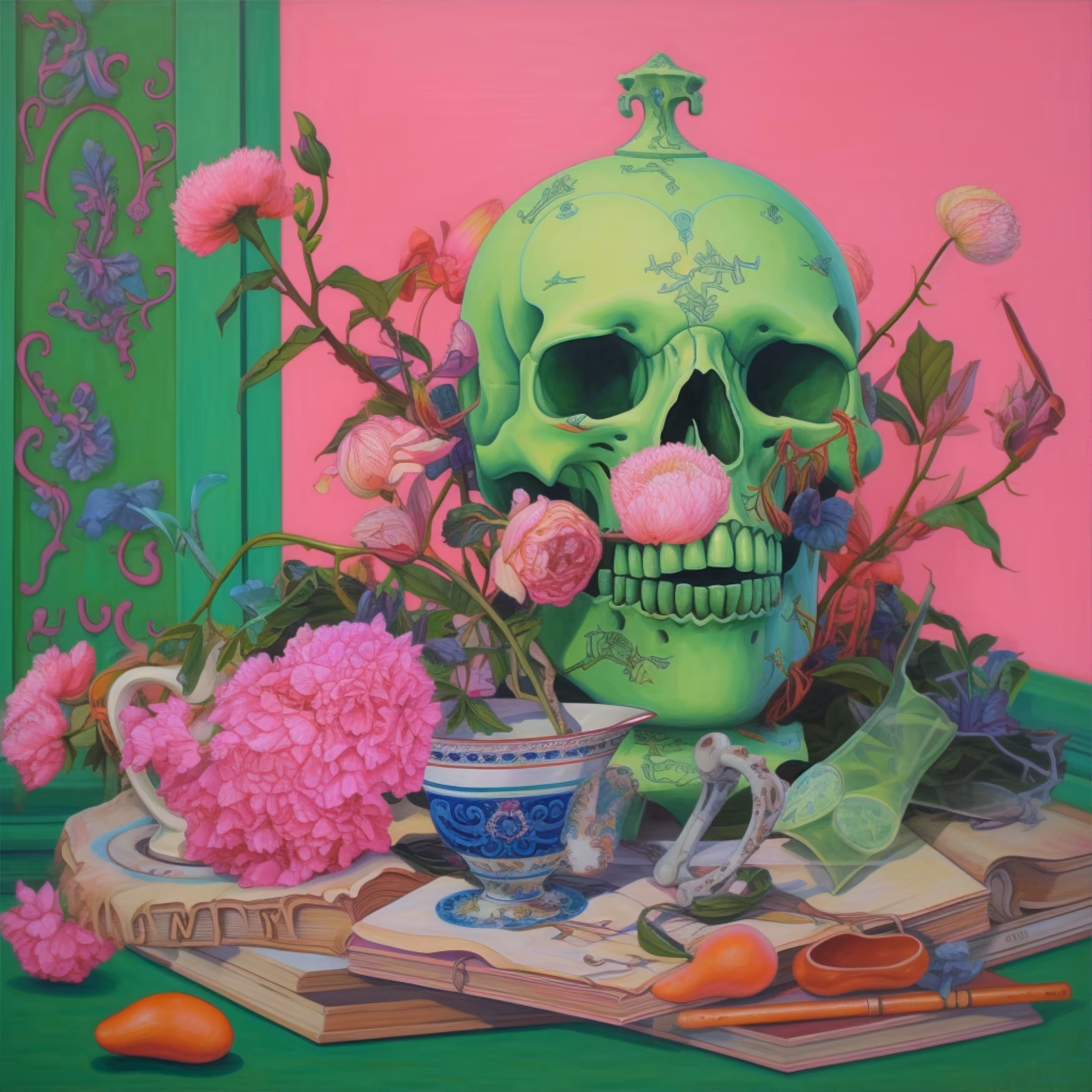 Sweet noir. Green scull. Pink flowers