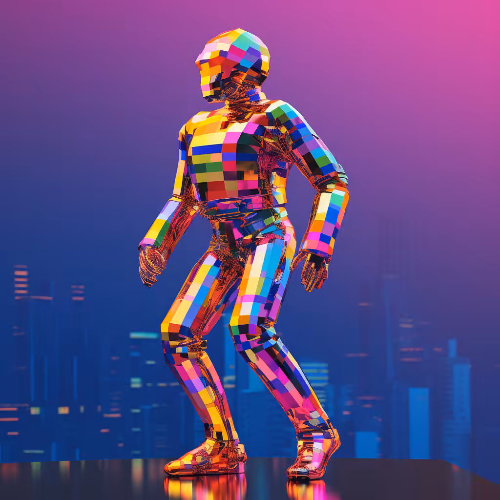 Pixelated Promenade: Chromatic Cyborg Strides