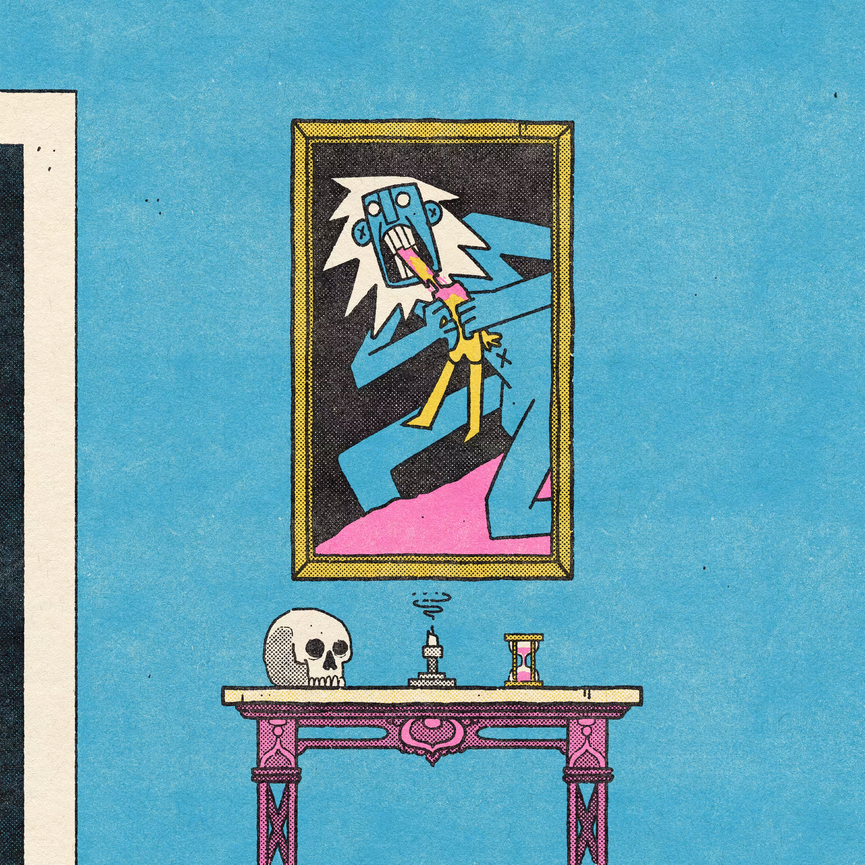 Room with painting and ornate table. 