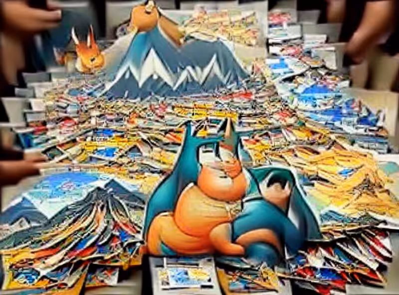 Abraham's First Works: Charizard, Pikachu, and Snorlax ascend a mountain of trading cards