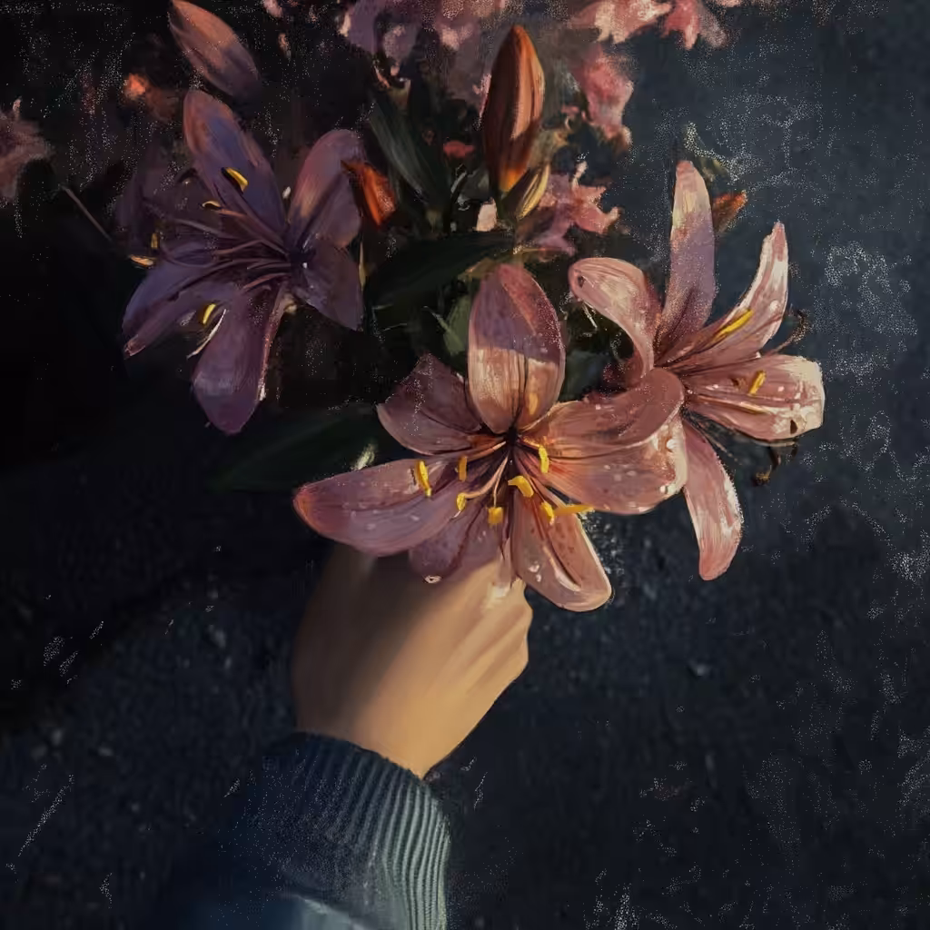 Eternal sunshine : pink lilies in the rain
