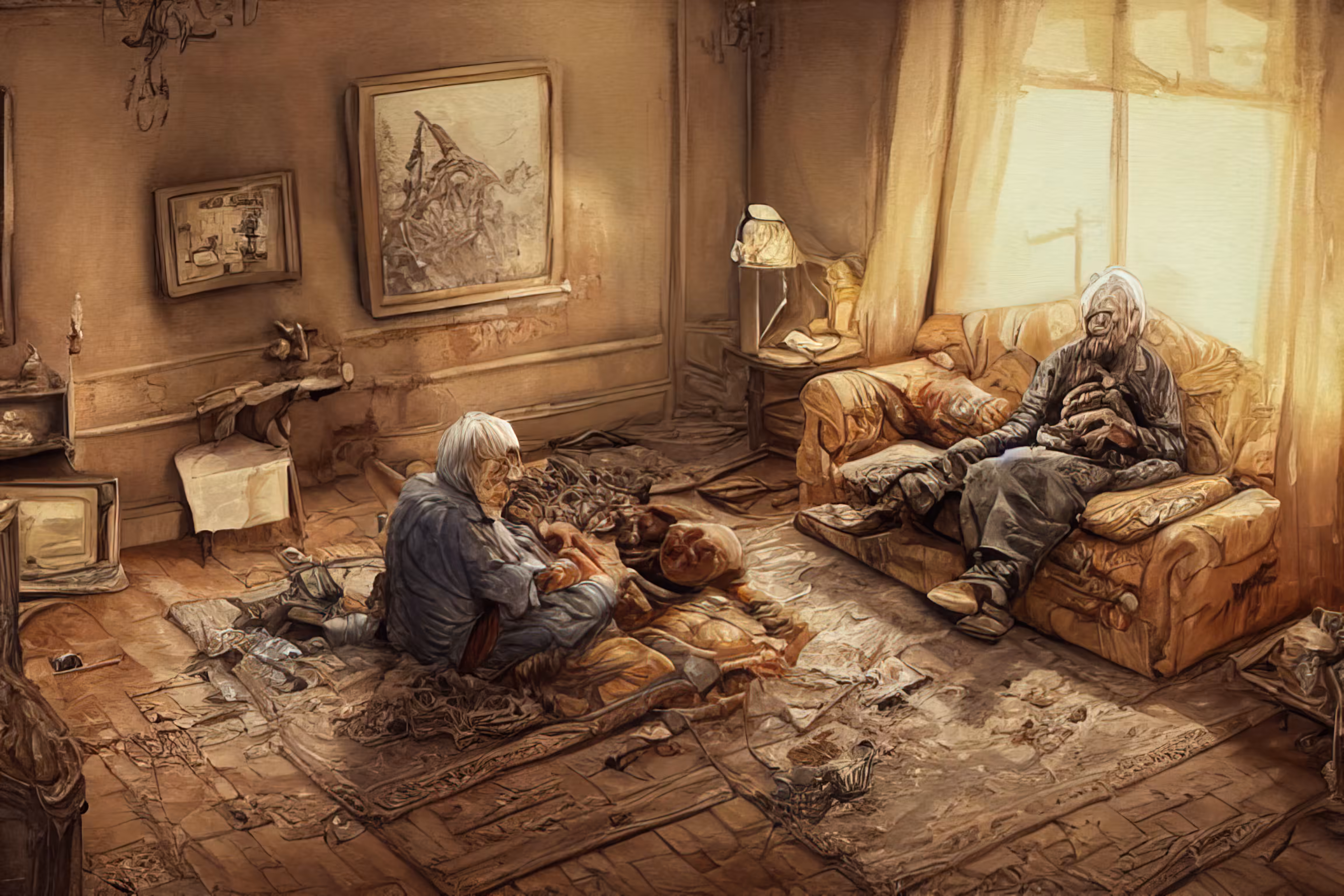 Elderly zombie couple waiting for Godot 04