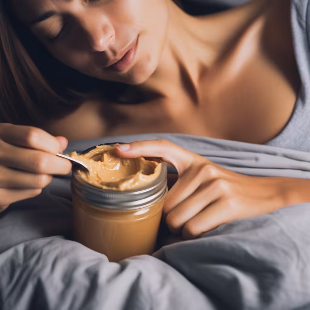 Peanut Butter + Woman + Bed