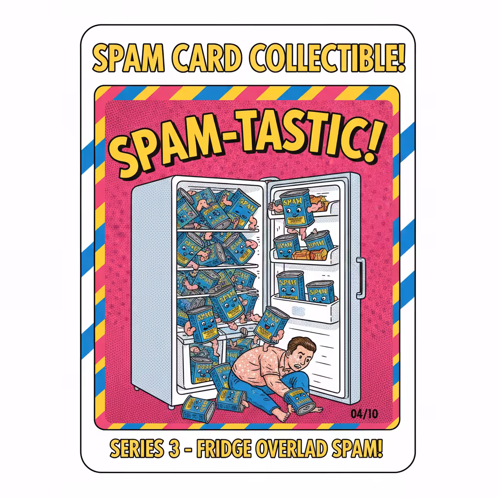 FROM SPAM TO SLOP - SPAM ART: Spam Card Collectible (Fridge Overload Spam)