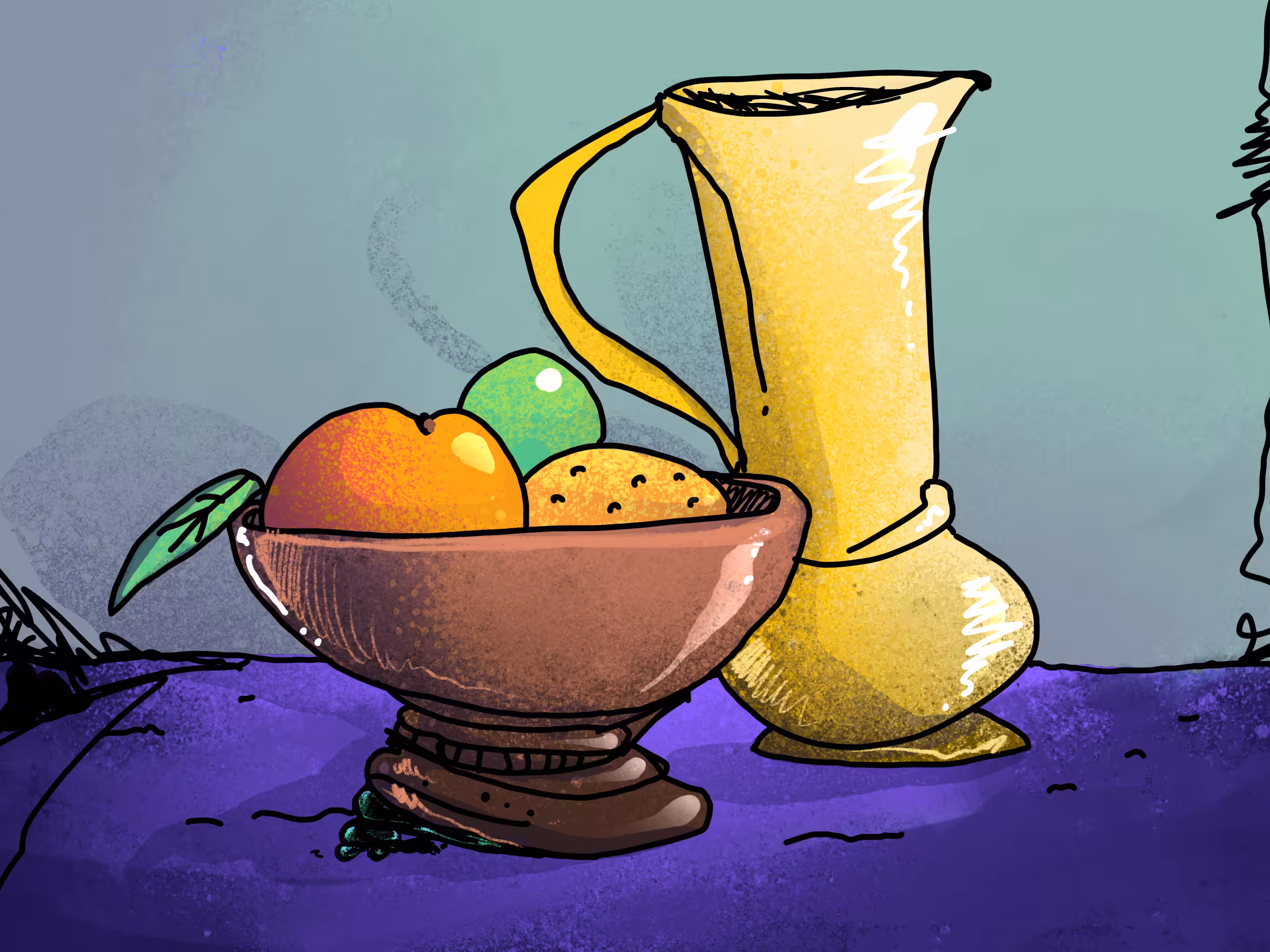 Some fruit and a vase.