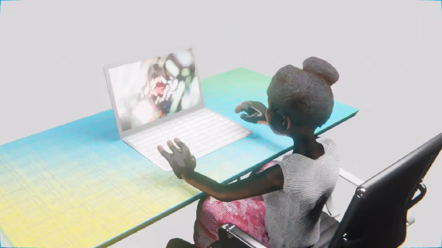 Desktop #266: The Military Brat in the Black Slim Chair With a Hanging Light and a Algo Lite Macbook on a Green FELT Zine Table in The Void