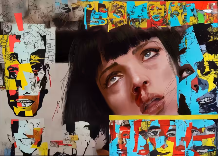 ''a collage of a woman's face with multiple colored squares around her and a man's face in the background''