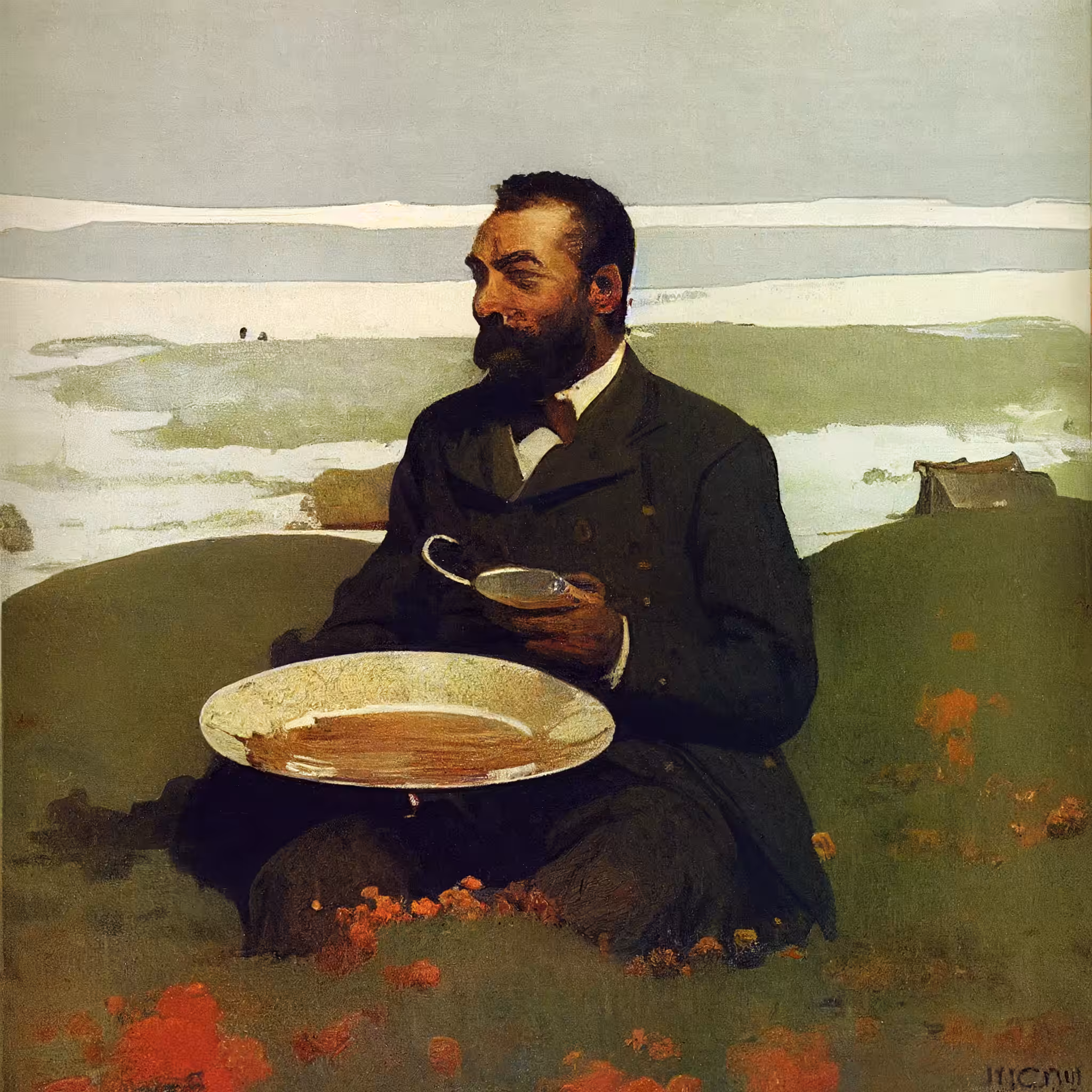 Winslow Homer eating way too much pudding in field