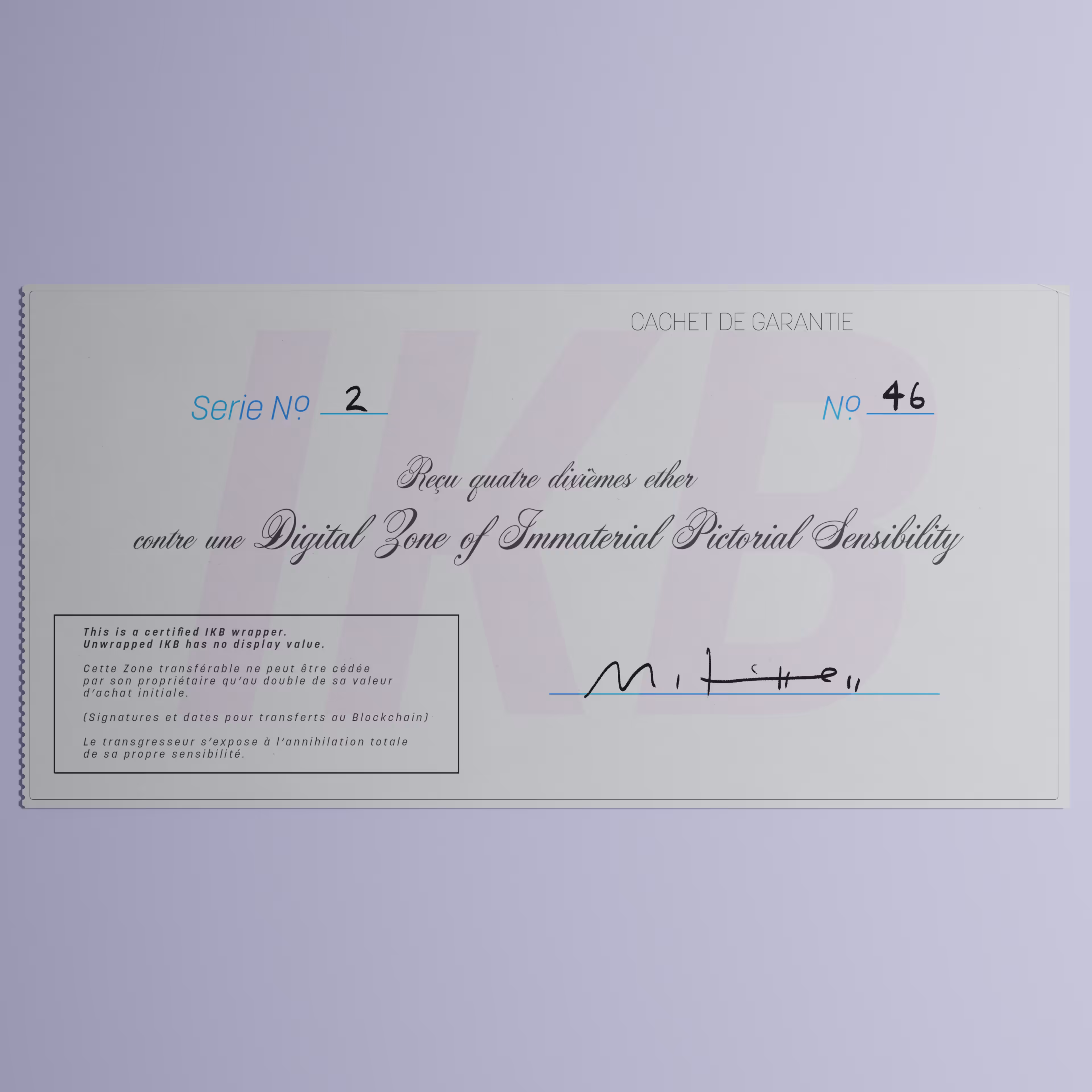 Digital Zone of Immaterial Pictorial Sensibility, Series 2, Edition 46. (Wrapped)