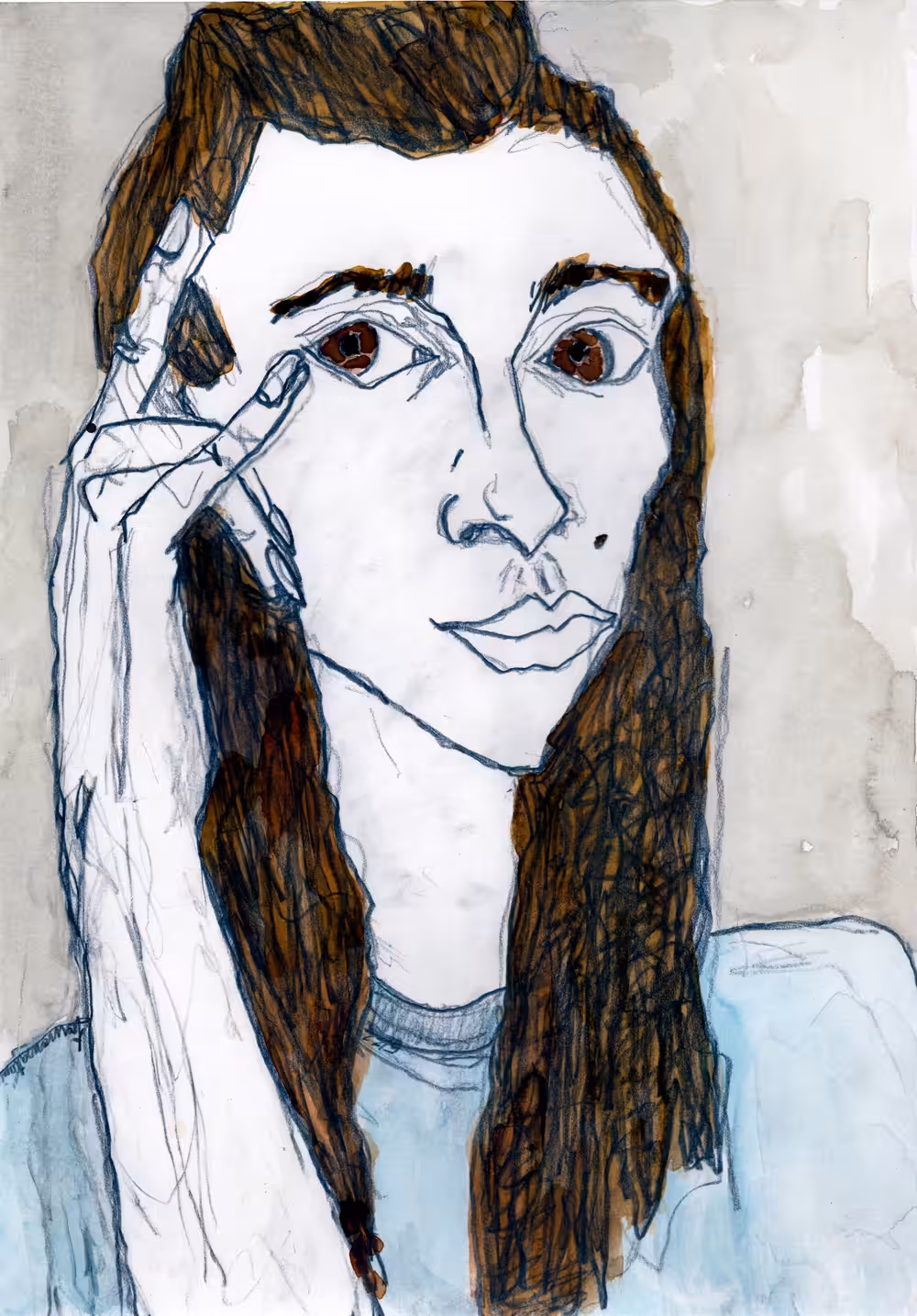 Autorretrato saludando con mano
