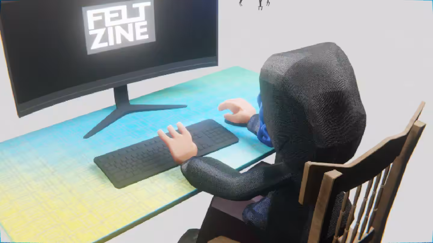 Desktop #40: The Hacker in the French Wood Chair With a Drone and a Old School Monitor on a Green FELT Zine Table in The Void