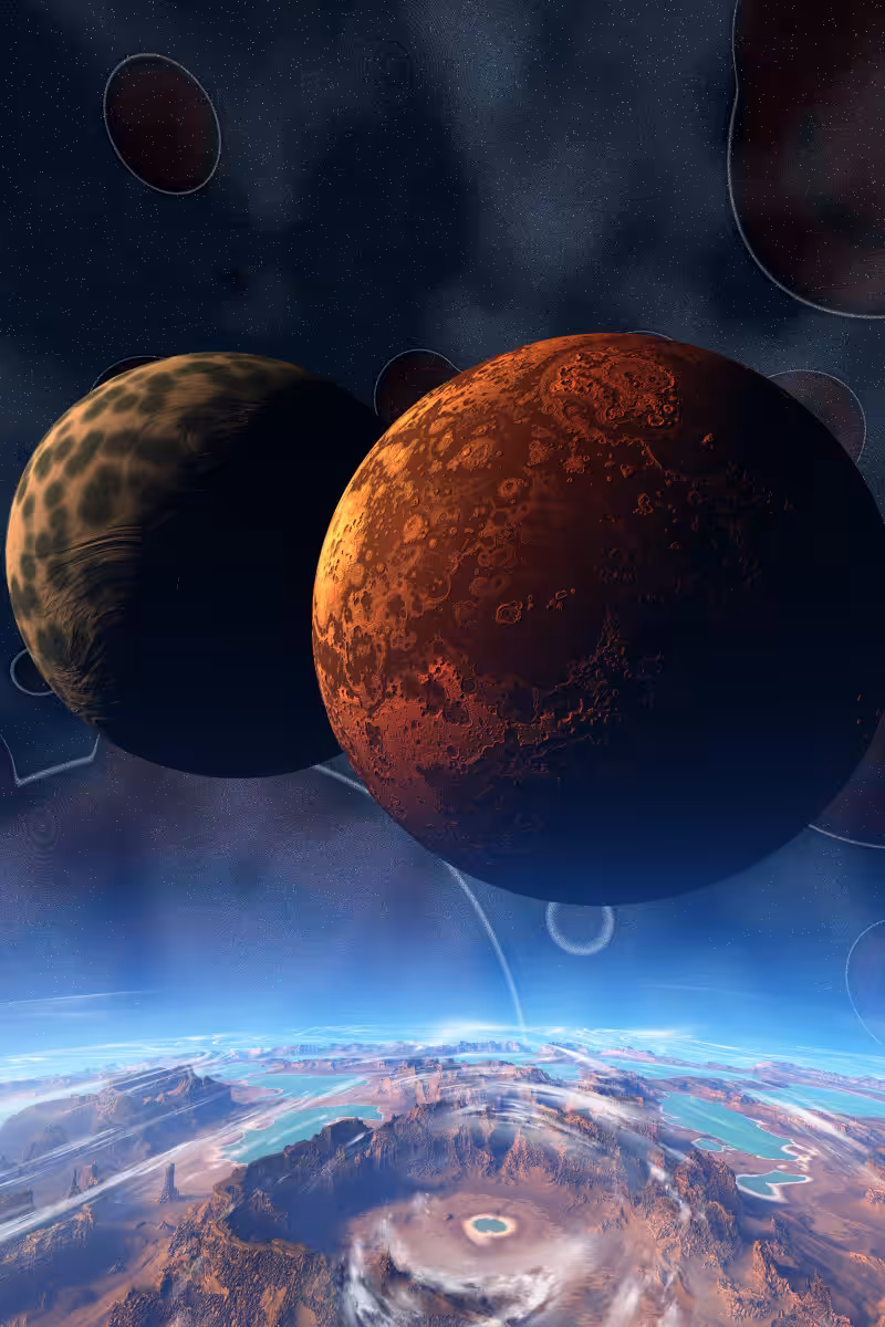 Two planets. Suborbital retro futuristic scene.