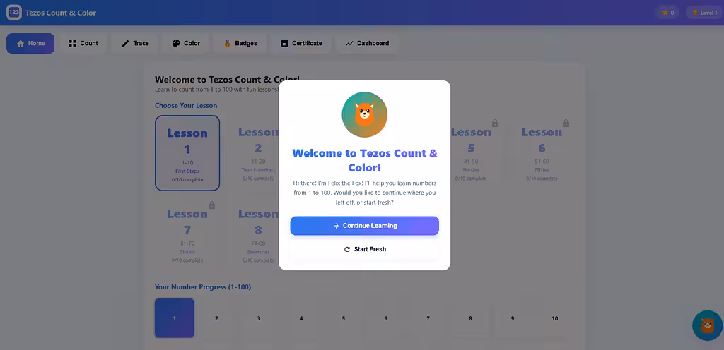 Tezos Count & Color: Interactive Numbers Learning App (1-100)