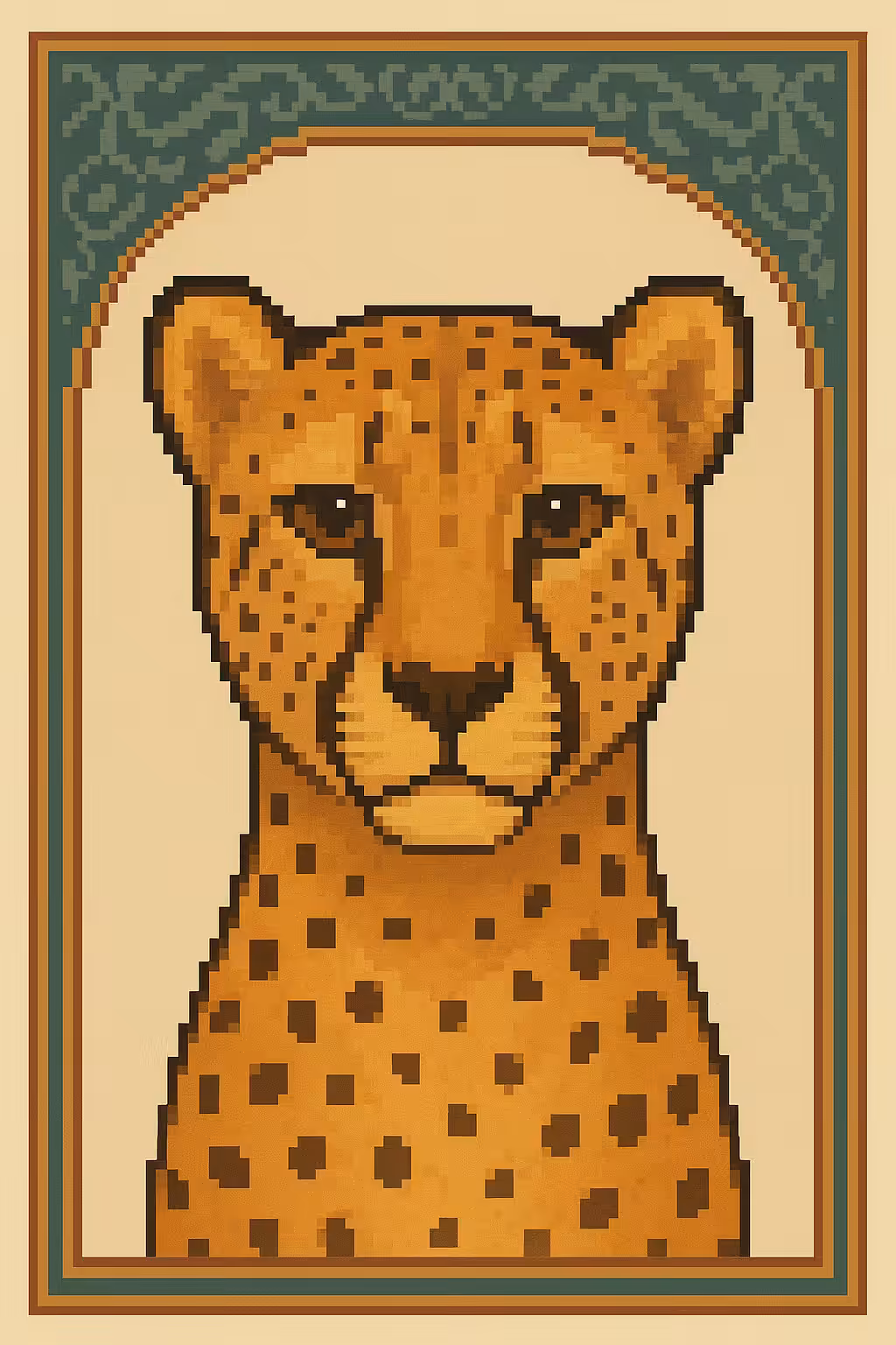 A pixel-art portrait of the endangered Asiatic cheetah, framed in Persian-inspired arch motifs. A tribute to speed, survival, and the soul of the Iranian wilderness.