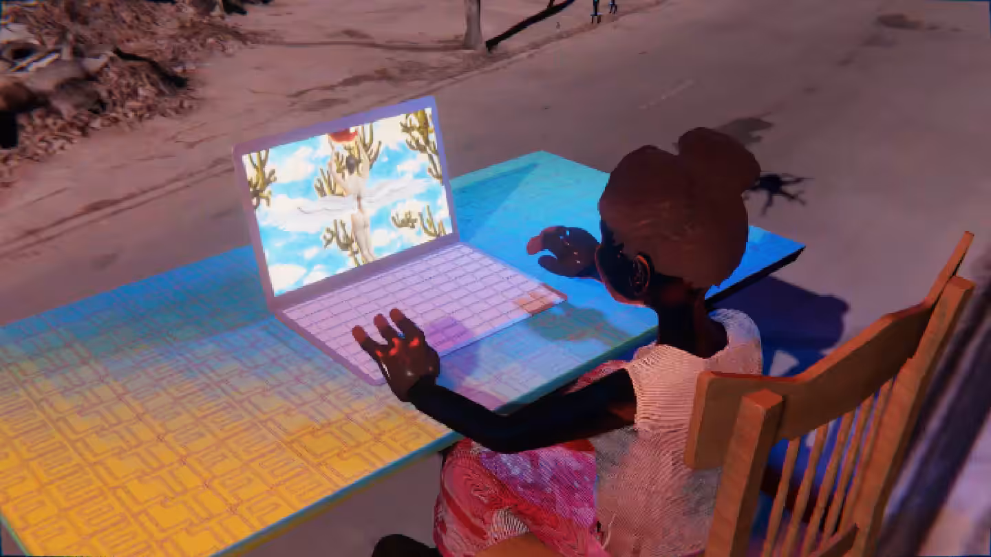 Desktop #13: The Military Brat in the French Wood Chair With a Drone and a Gardens Monitor on a Green FELT Zine Table in Conflict