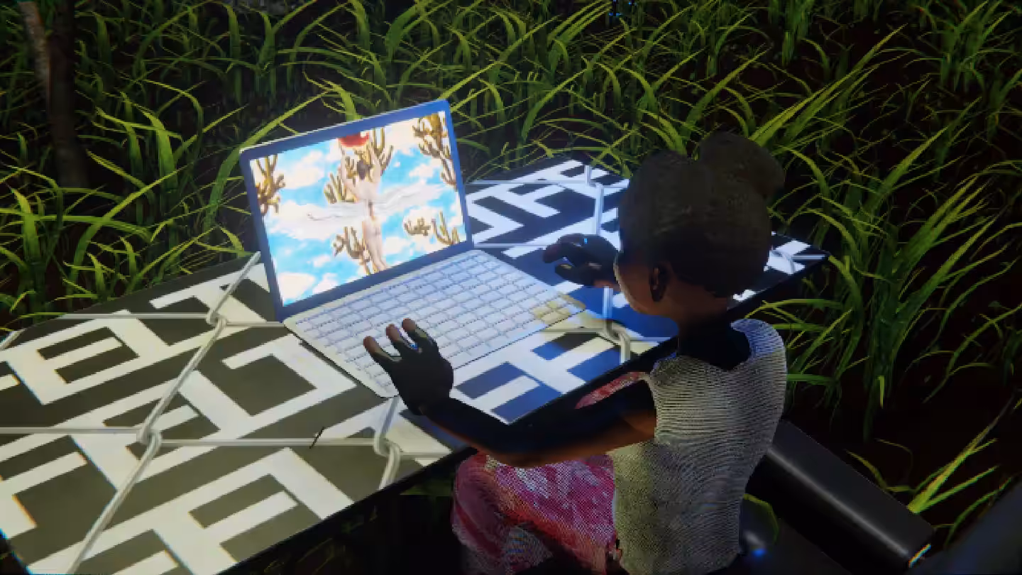 Desktop #194: The Military Brat in the Eames Chair With a Drone and a Gardens Monitor on a Barbed Wire Table in The Forest