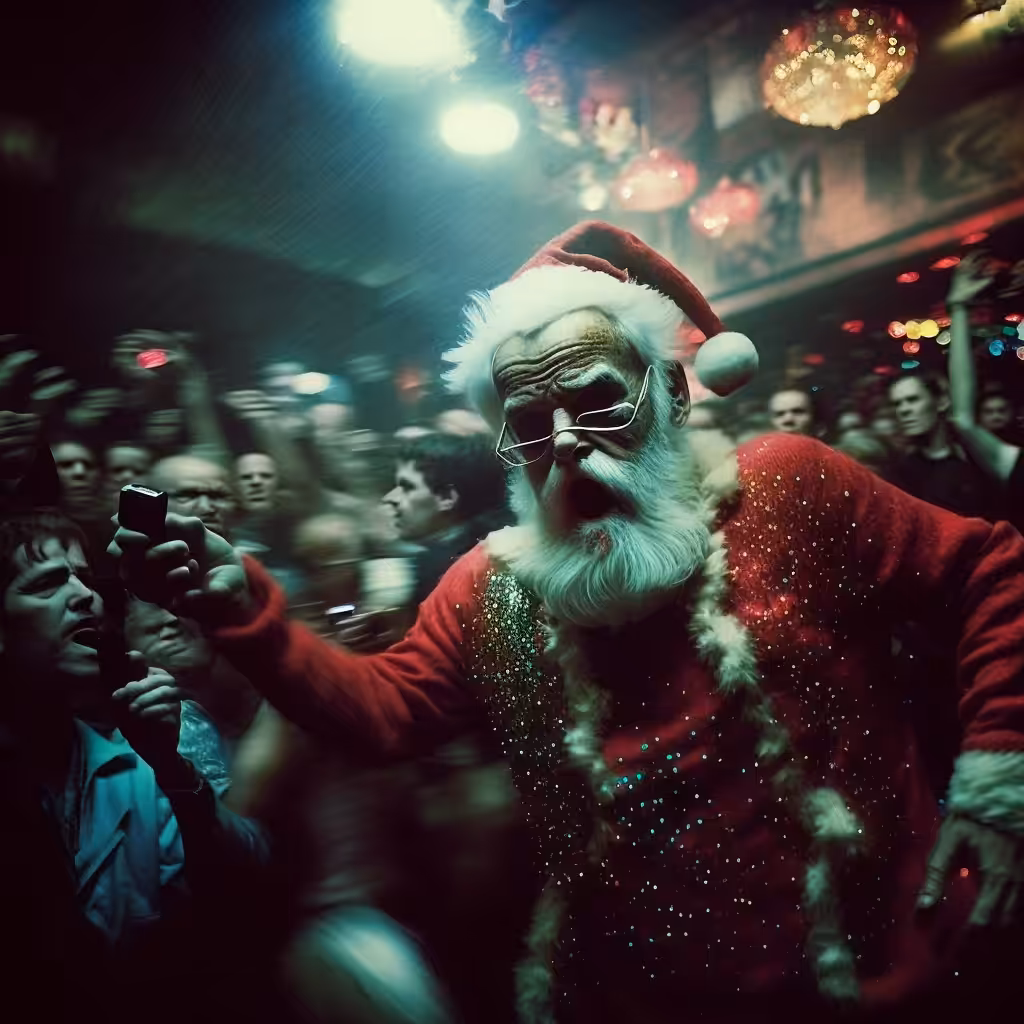 santa claus as a raver, trashy, analog photography I