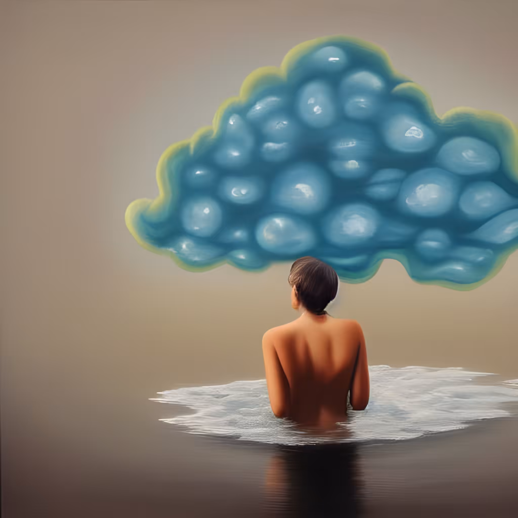 woman bathing under the clouds