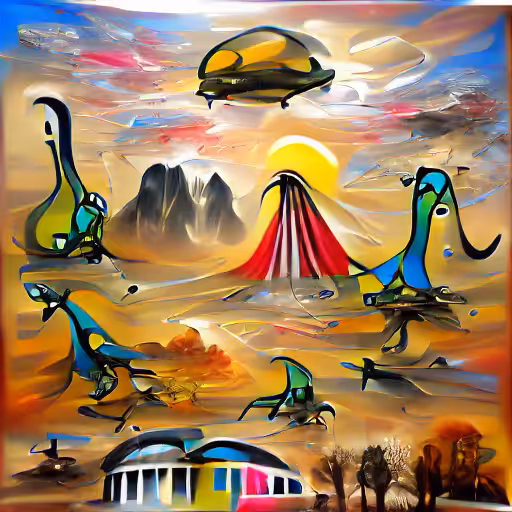 Weird AI Hallucination of Dinosaurs and UFOs in the Style of Dali