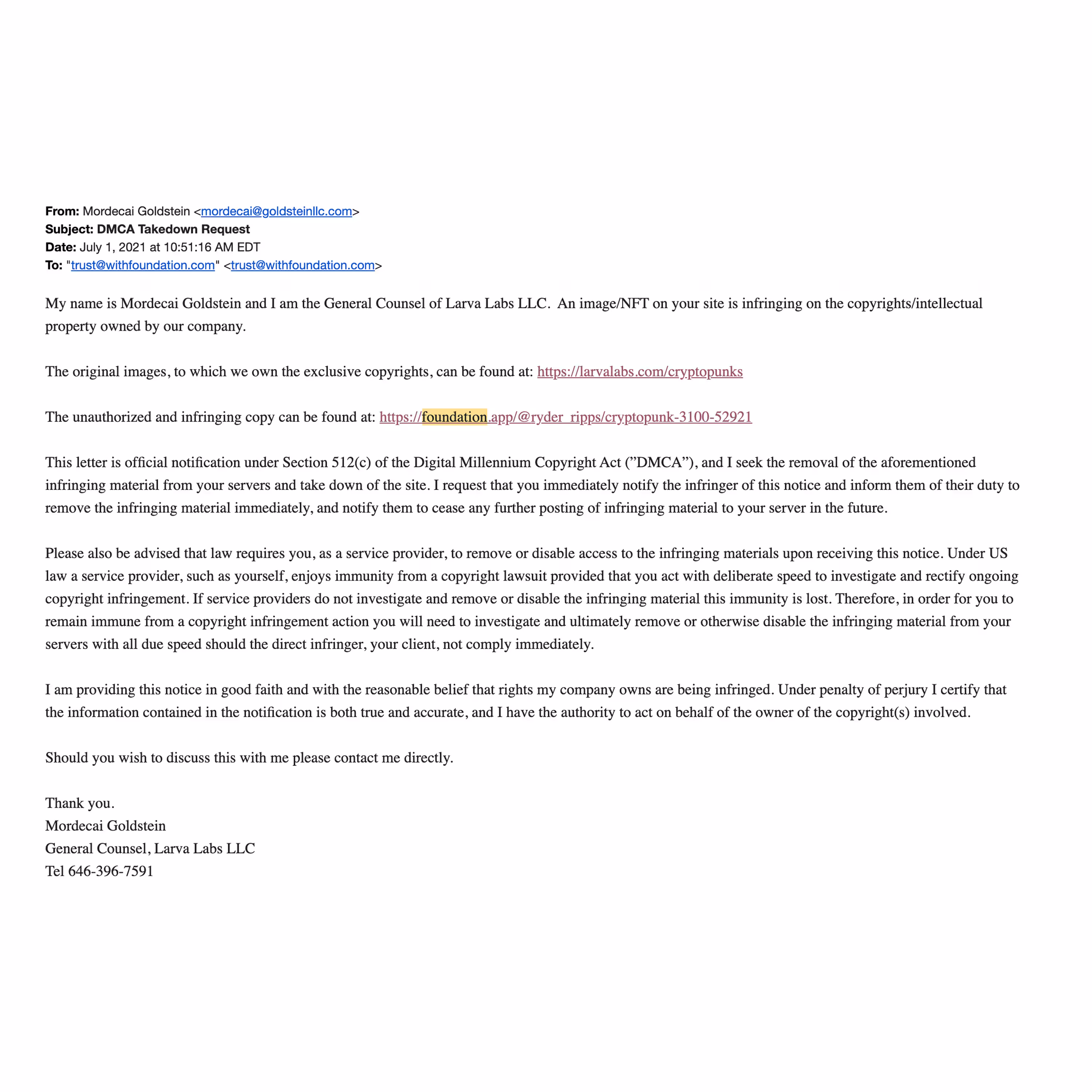 Larva Labs LLC. Takedown Notice Email