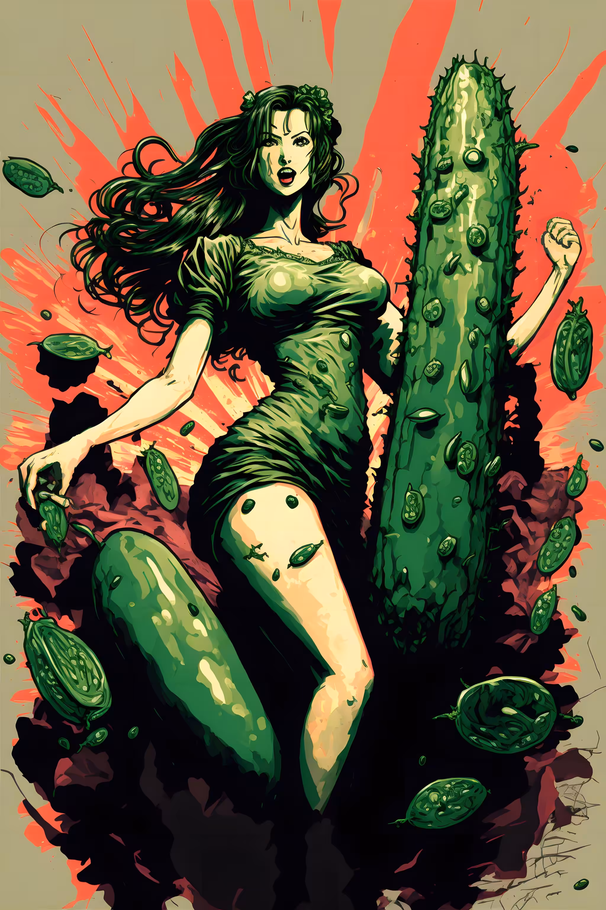 Syntetic beauty: Brave woman struggling creepy cucumber