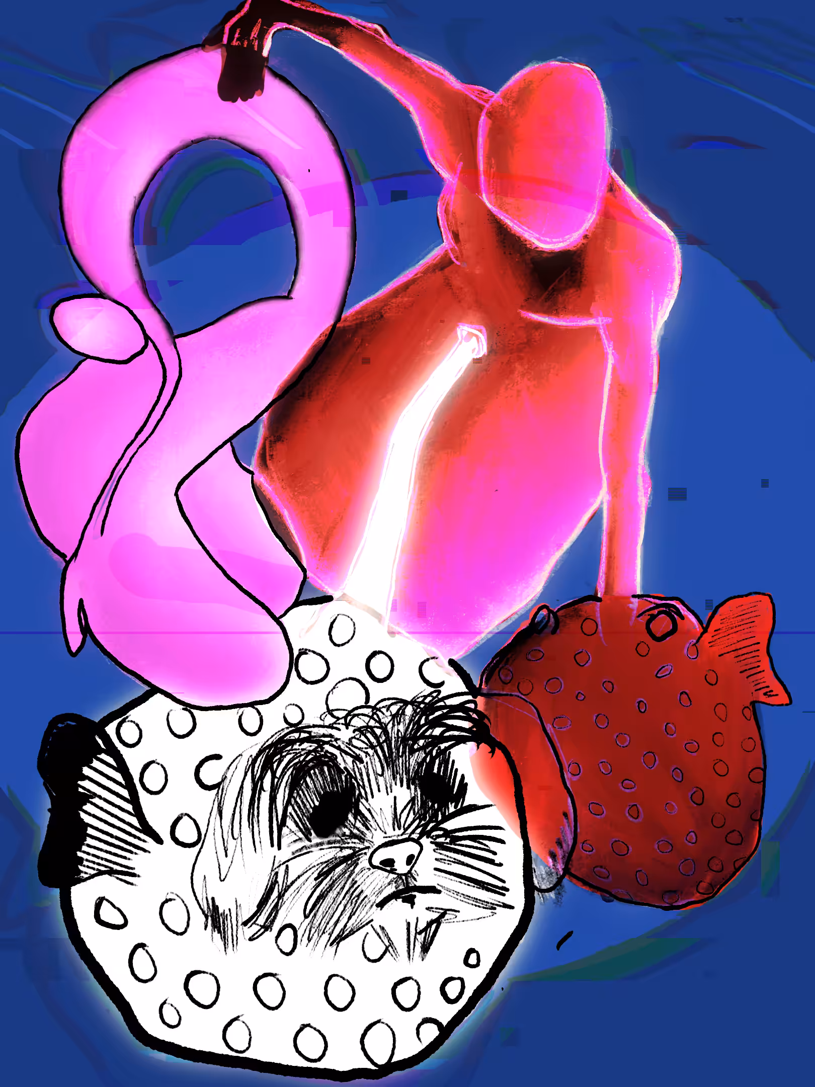 A woman, a skewered man, her dog and a puffer fish